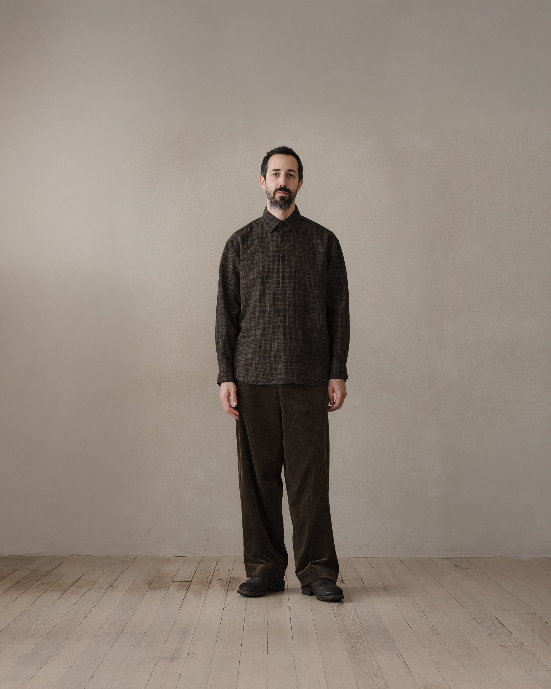 Big Shirt Two - Kasuri Wool Check, Brown/Beige/Navy – evan kinori