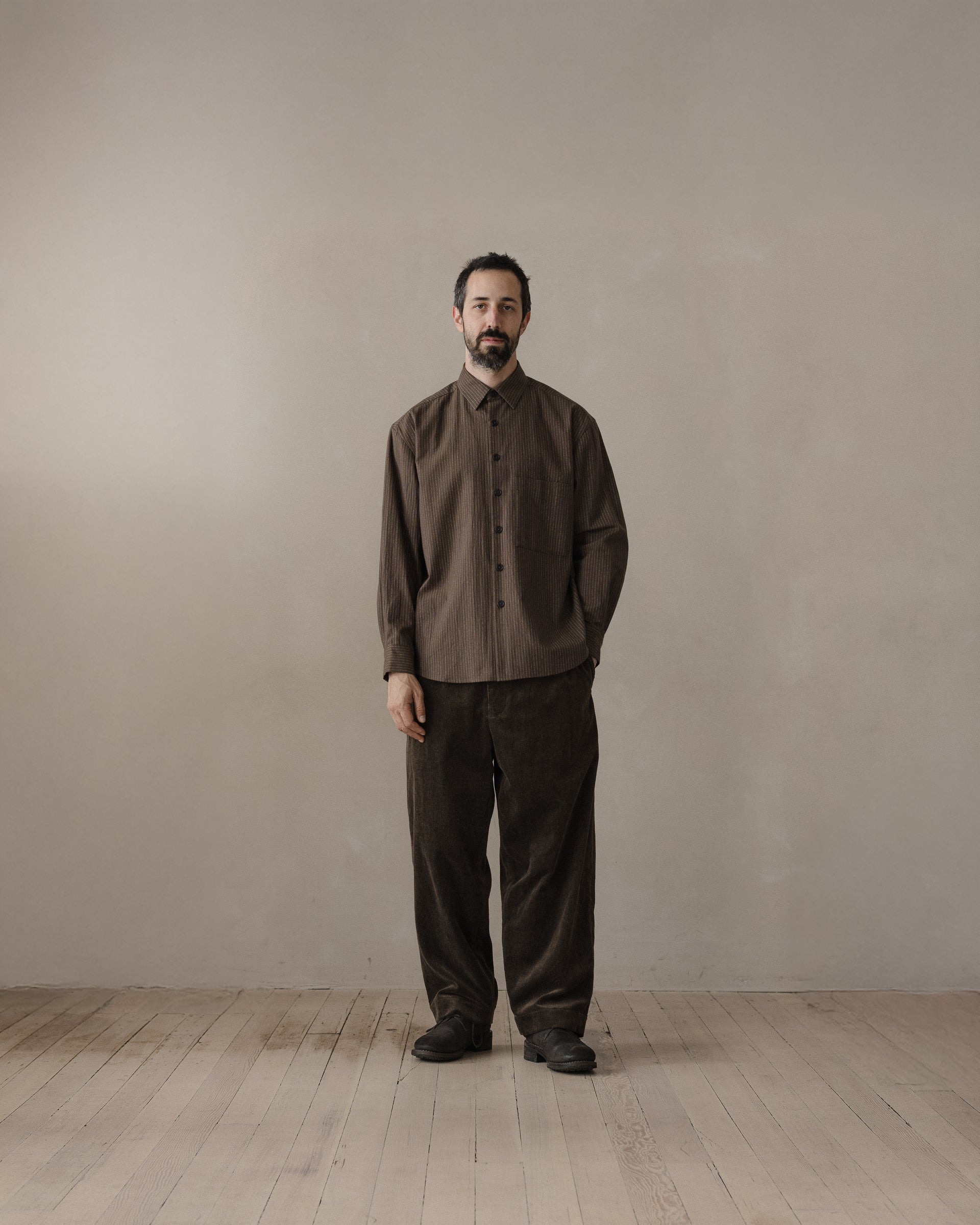 Big Shirt Two - Yarn Dyed Cotton Stripe, Olive/Natural – evan kinori