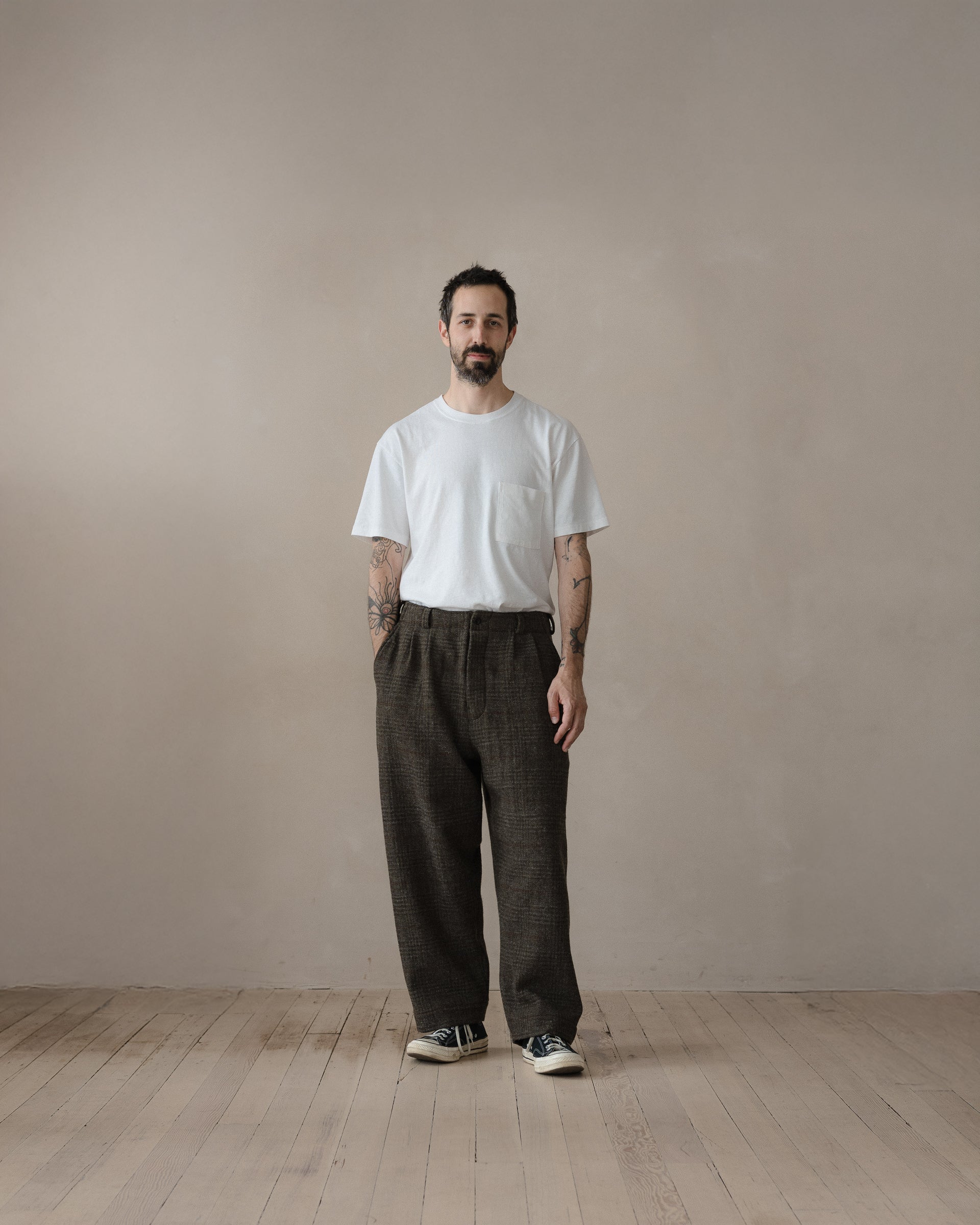 Two Pleat Pant - Wool Herringbone Check, Dark Olive/Charcoal