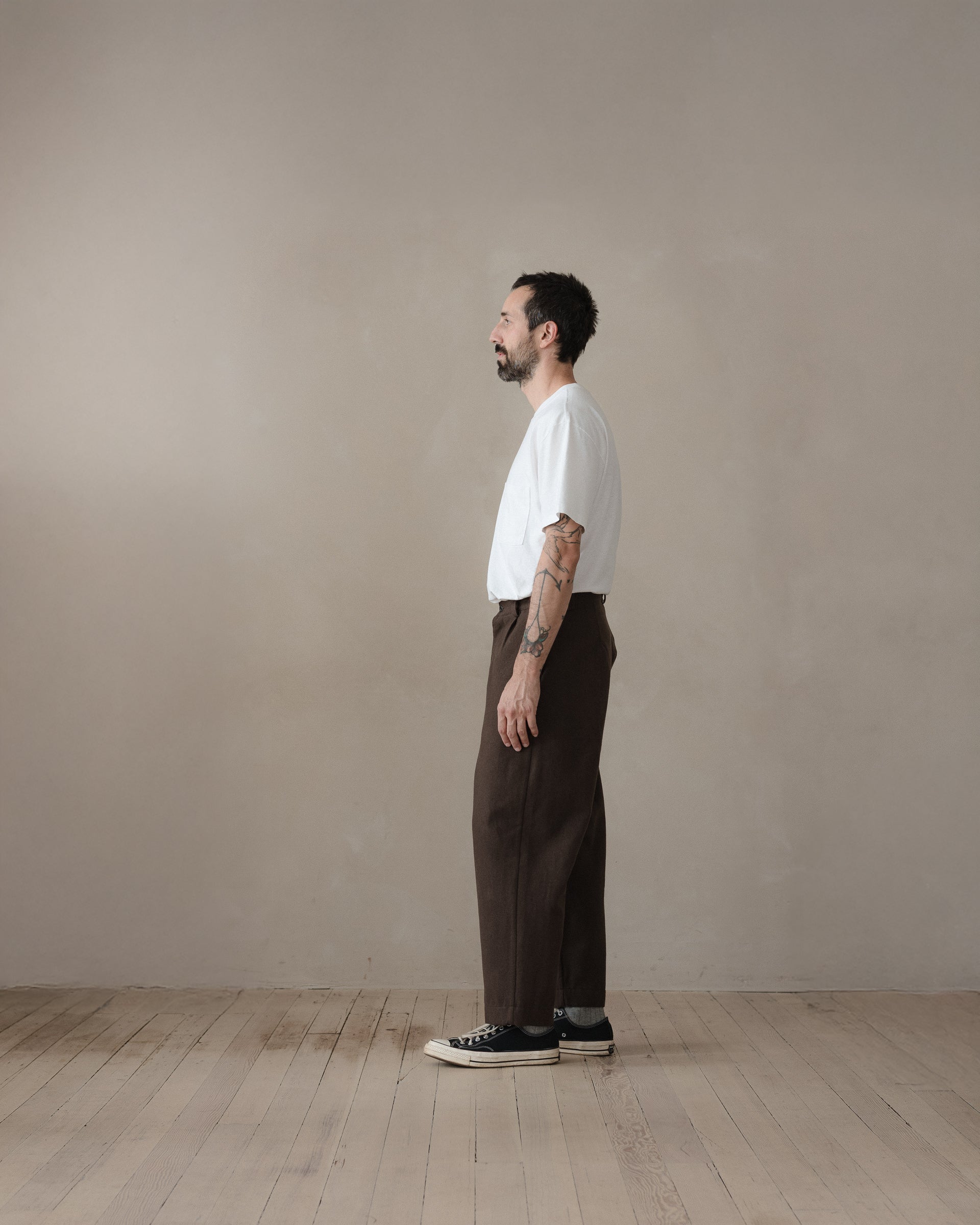 evan kinori/single pleat pant　Mサイズ Single Pleat Pant - Brushed Broken Twill, Dark Olive – evan kinori