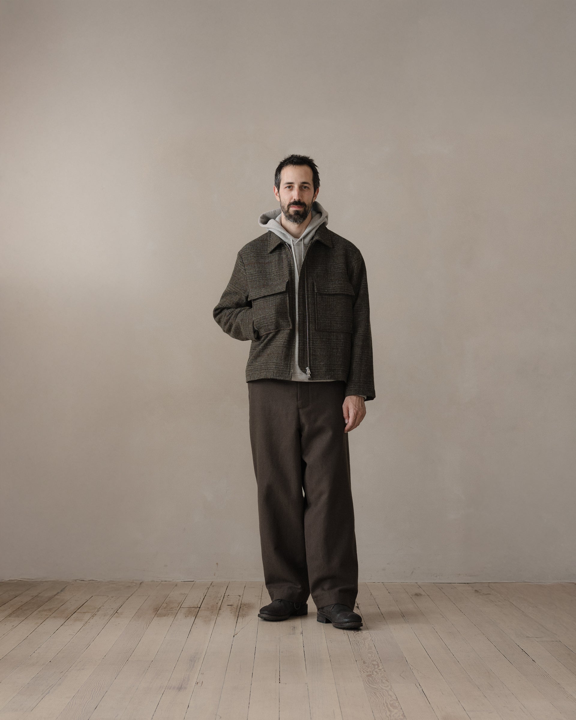 evan kinori ウールジャケット Mサイズ ダークオリーブ エバンキノリ Zip Jacket - Wool Herringbone Check, Dark Olive/Charcoal – evan kinori