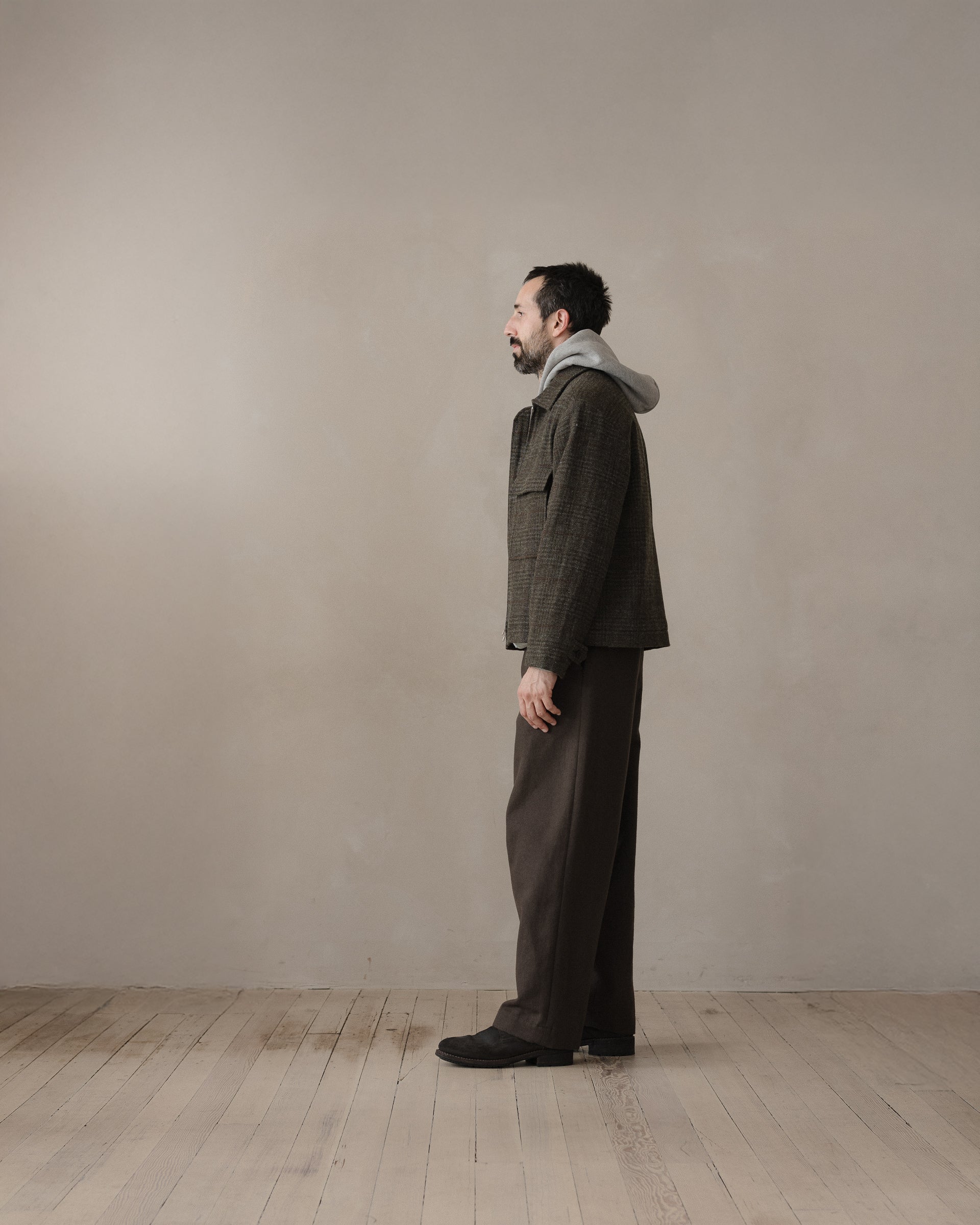 Zip Jacket - Wool Herringbone Check, Dark Olive/Charcoal – evan kinori