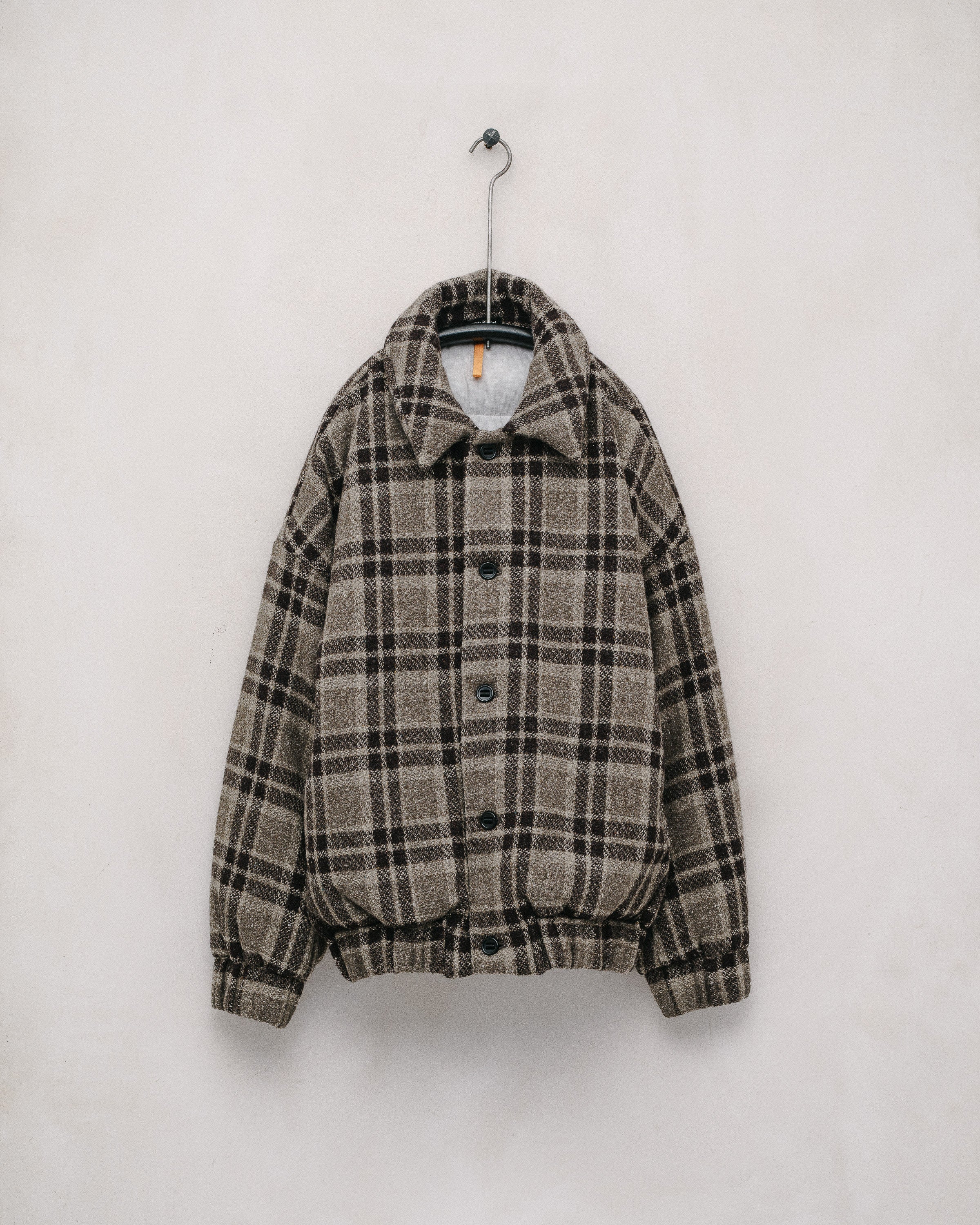 MAN-TLE Down Jacket - Yarn Dyed Wool Check, Beige/Brown