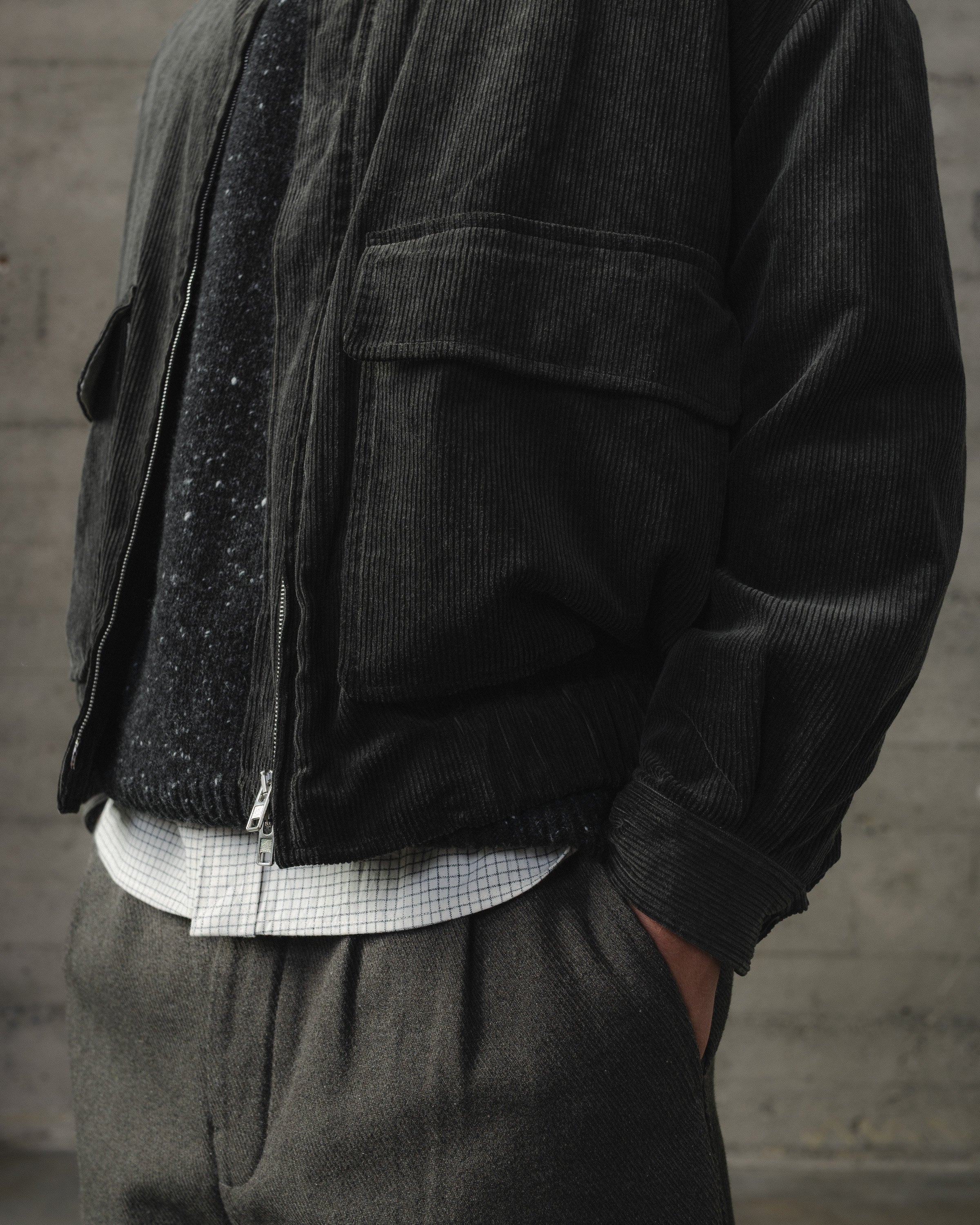 Zip Jacket Two - Carbon Dyed Cotton/Linen Corduroy, Charcoal