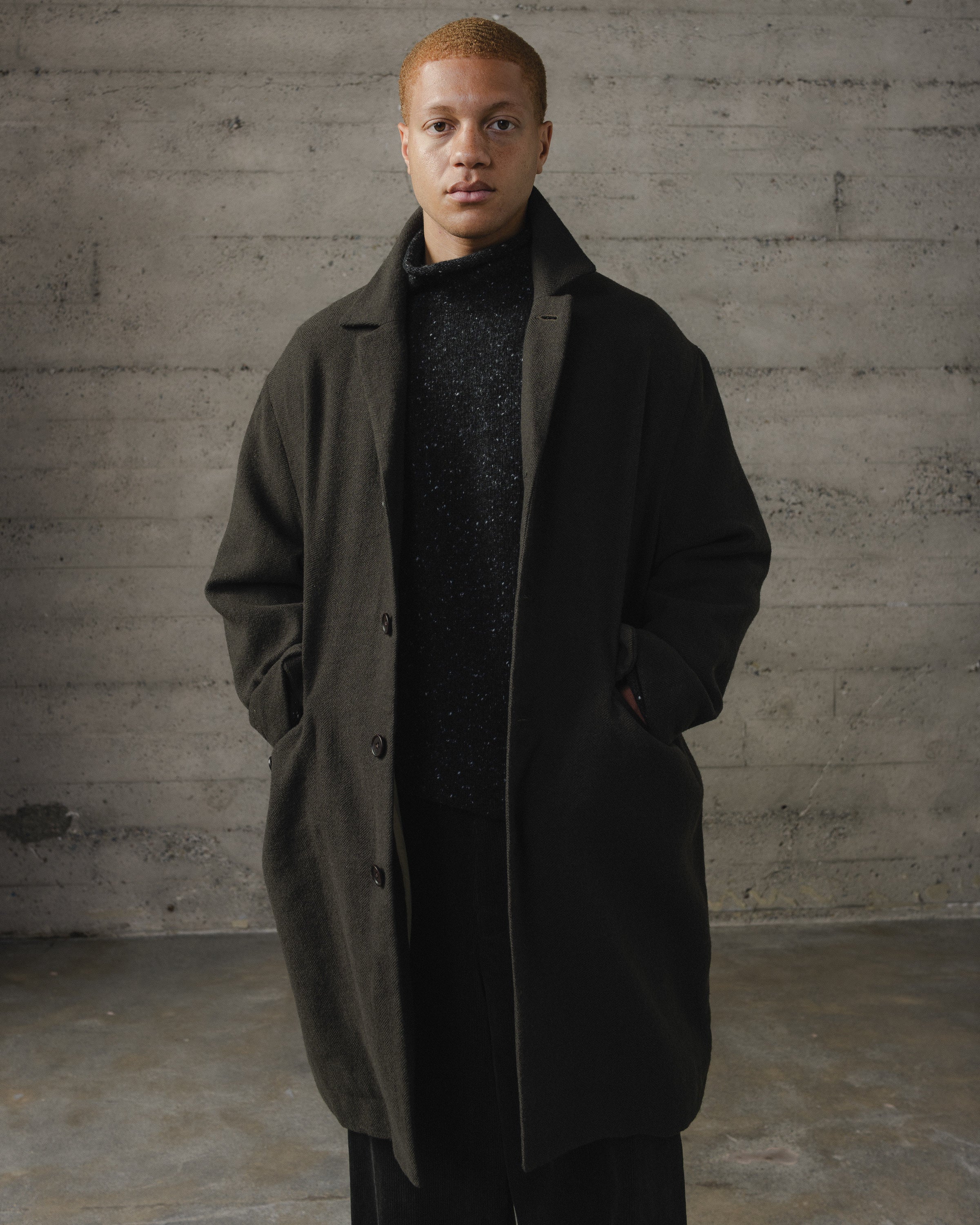 Big Coat - Heavy Wool/Linen Herringbone, Dark Olive – evan kinori