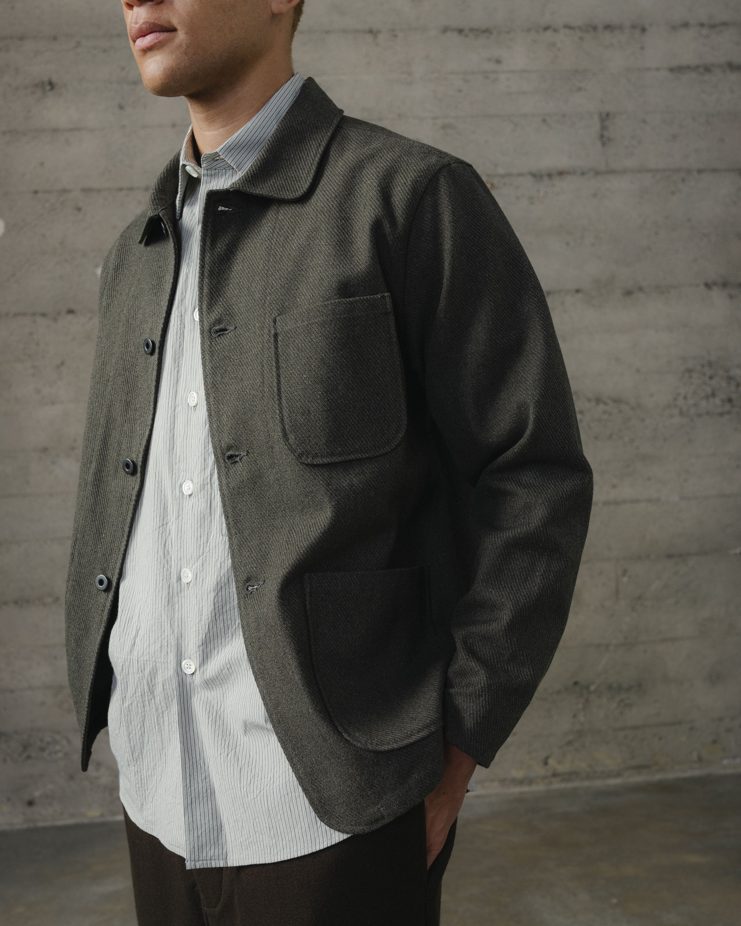 Three Pocket Jacket - Top Dyed Cotton Kersey, Olive Heather – evan