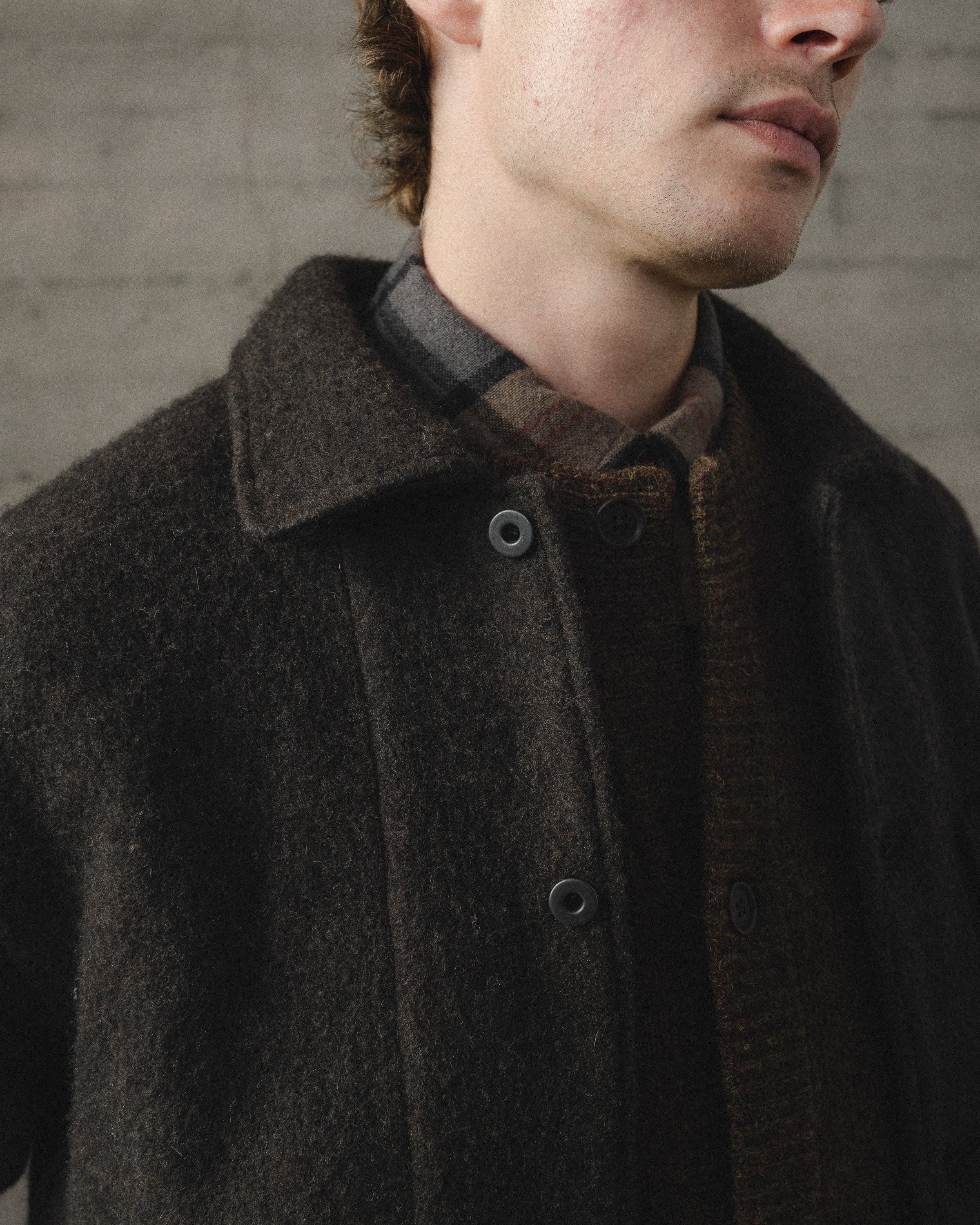Three Pocket Jacket - Brushed Wool Coating, Dark Brown – evan kinori