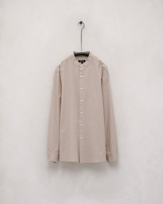 Band Collar Shirt - Lightweight Cotton/Linen Stripe, Beige/Natural