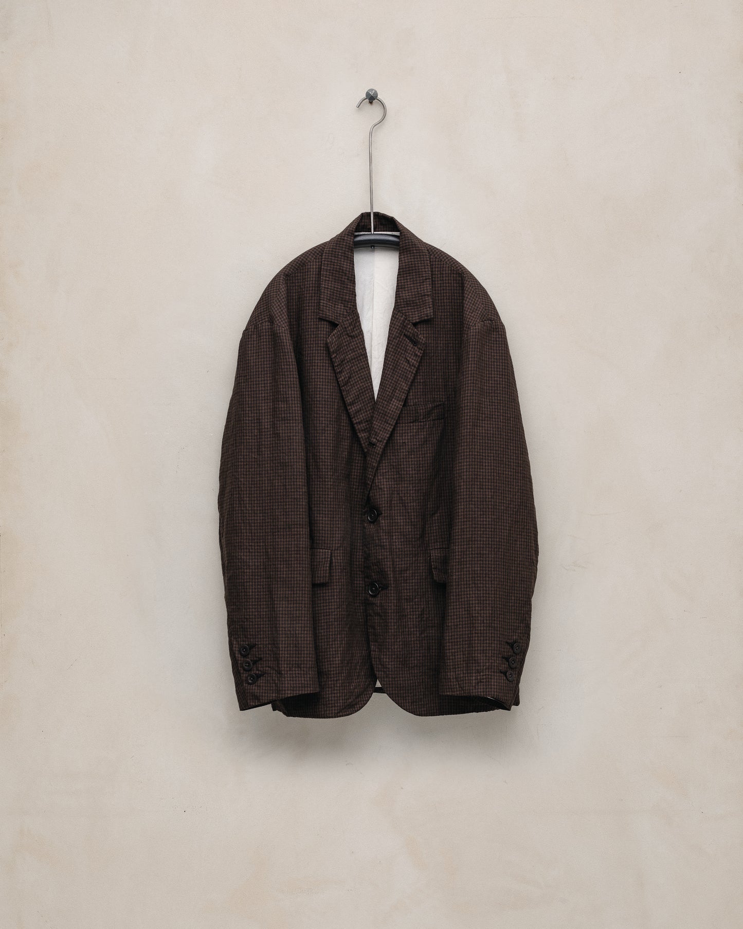 Three Button Jacket - Logwood Linen Check, Brown/Black (Logwood Overdye)