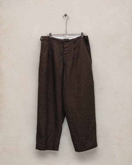 Two Pleat Pant - Logwood Linen Check, Brown/Black (Logwood Overdye)
