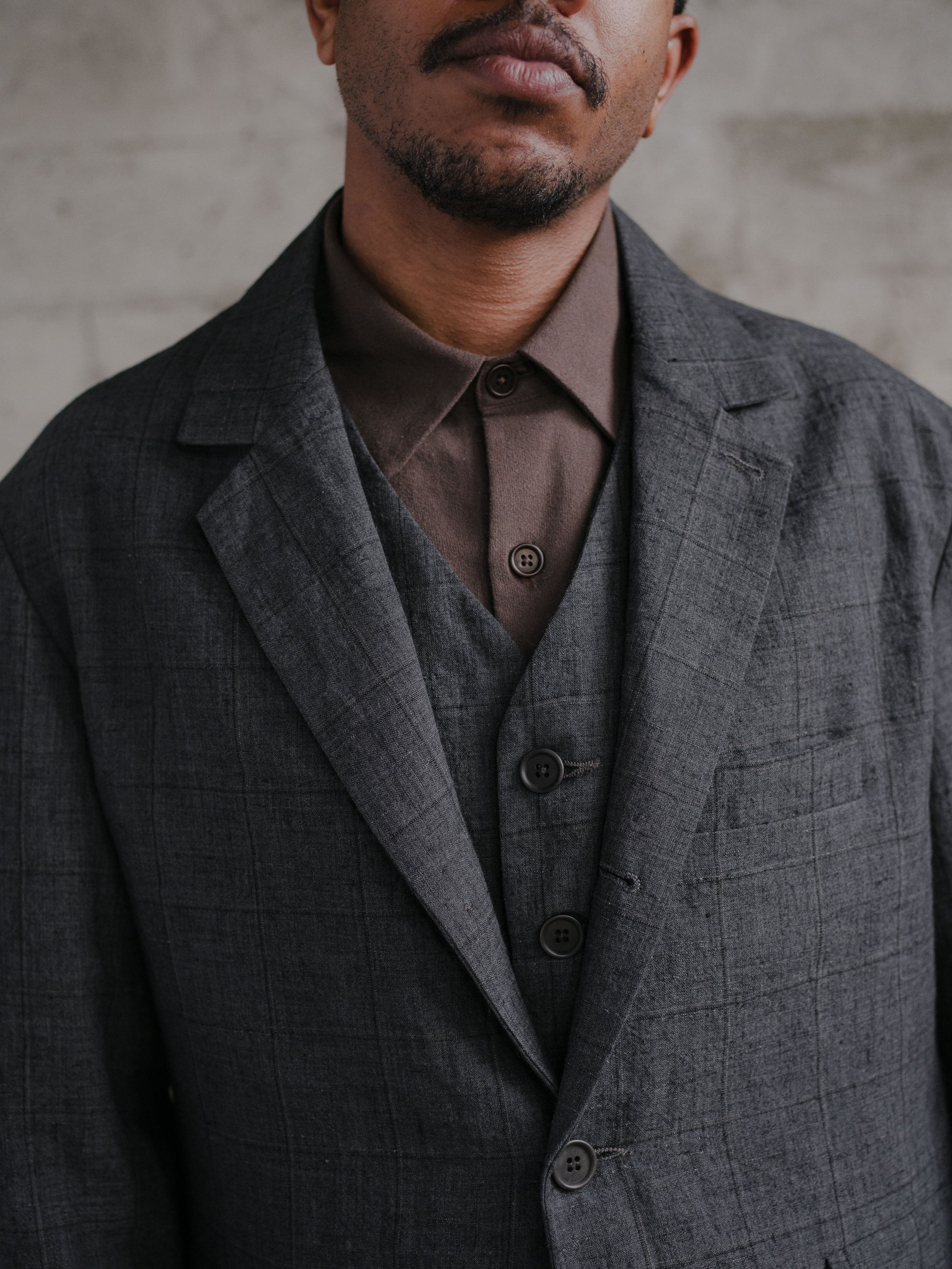 Three Button Jacket - Linen Windowpane – evan kinori