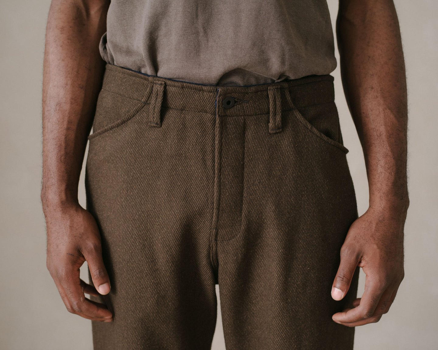 Four Pocket Pant - Yarn Dyed Wool/Cotton Twill, Olive Melange – evan kinori