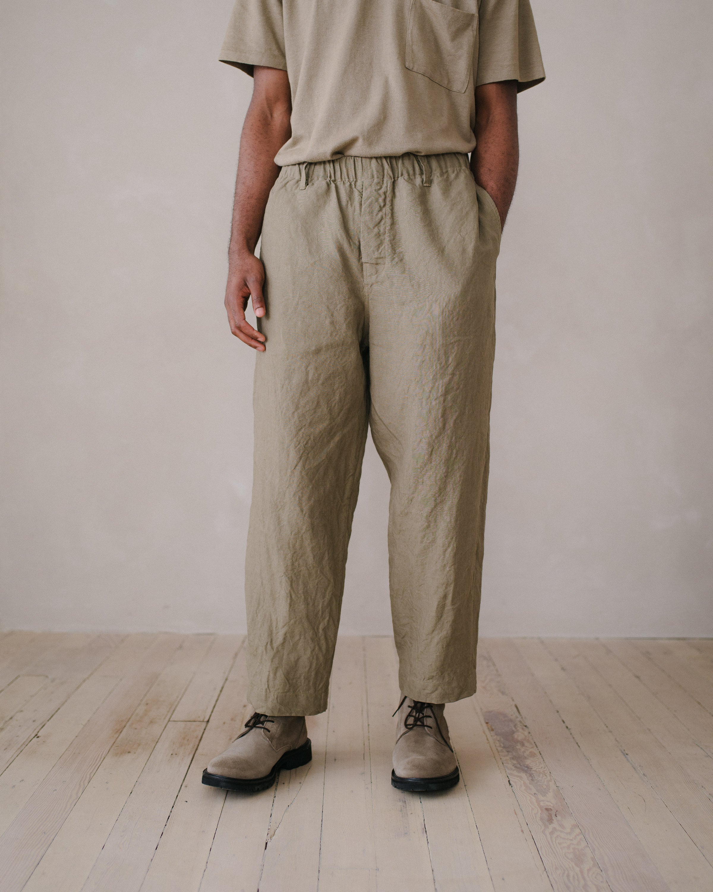 Elastic Pant - Tumbled Linen, Dark Beige – evan kinori