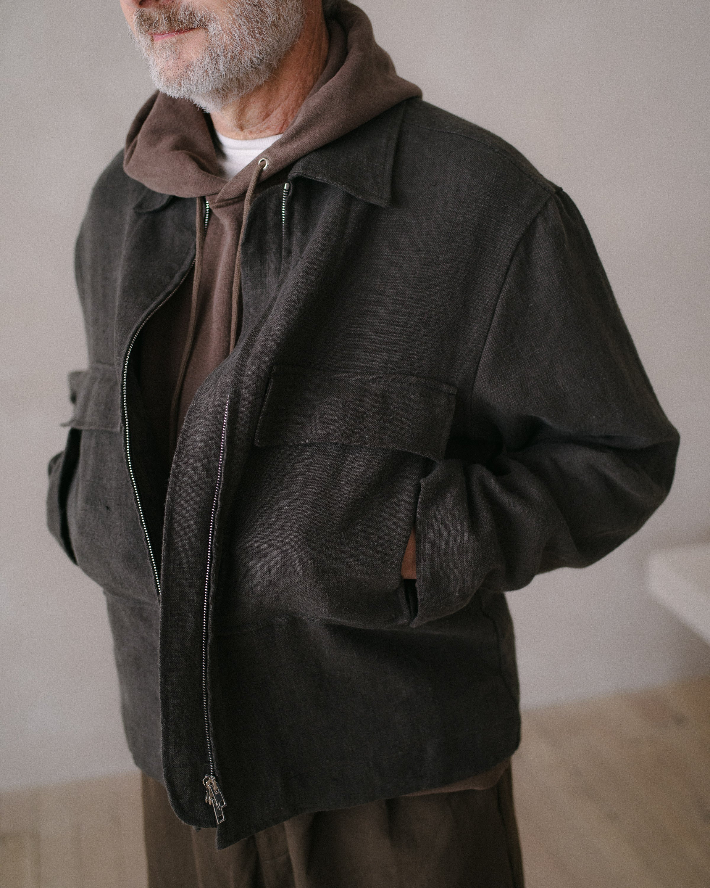 Zip Jacket - Butcher Linen, Anthracite – evan kinori