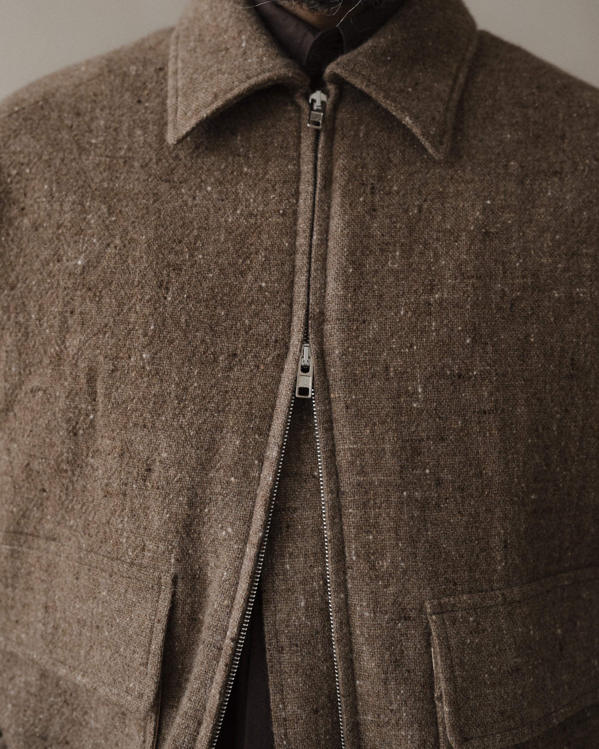 Zip Jacket Two - Undyed Wool Tweed, Dark Beige – evan kinori