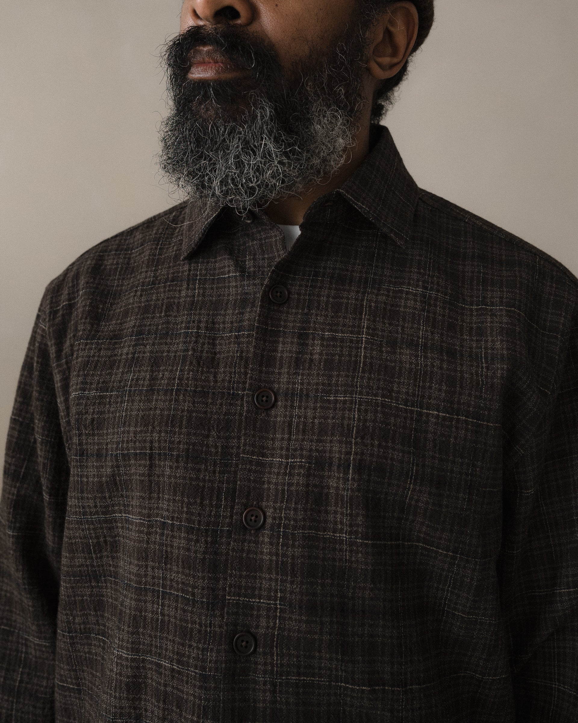 Flat Hem Shirt - Kasuri Wool Check, Brown/Beige/Navy – evan kinori