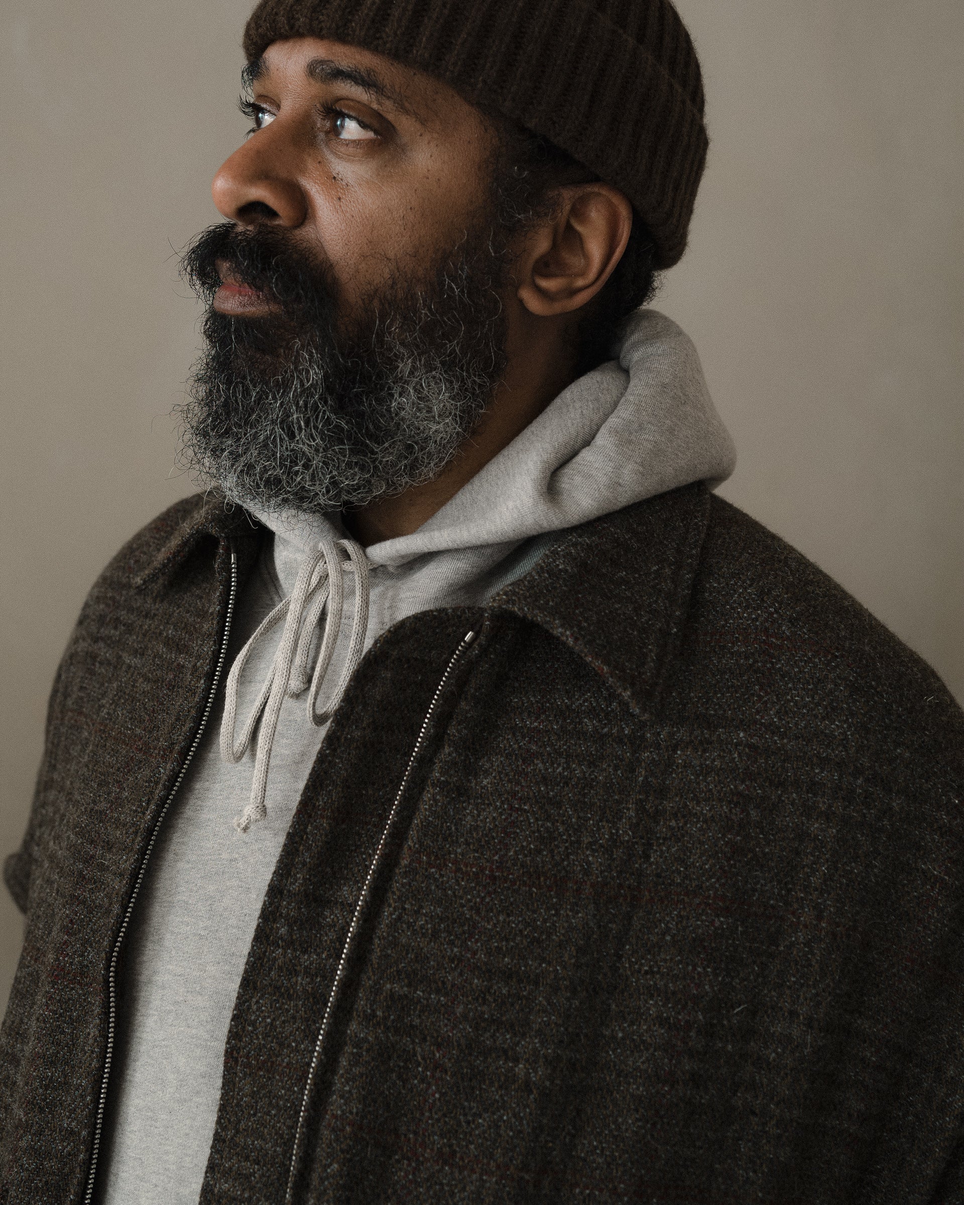 Zip Jacket Two - Wool Herringbone Check, Dark Olive/Charcoal