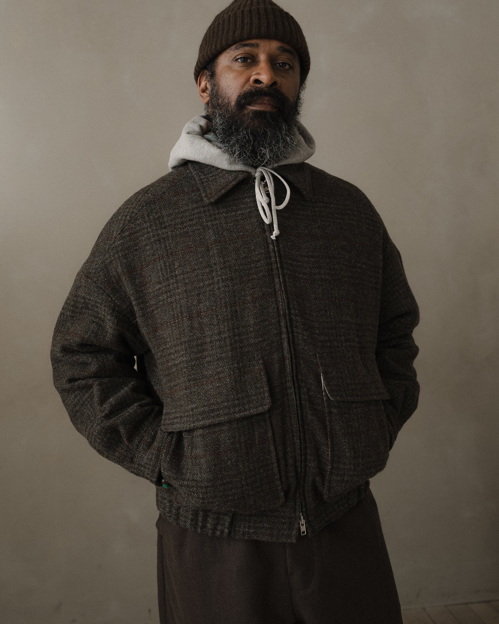 Zip Jacket Two - Wool Herringbone Check, Dark Olive/Charcoal