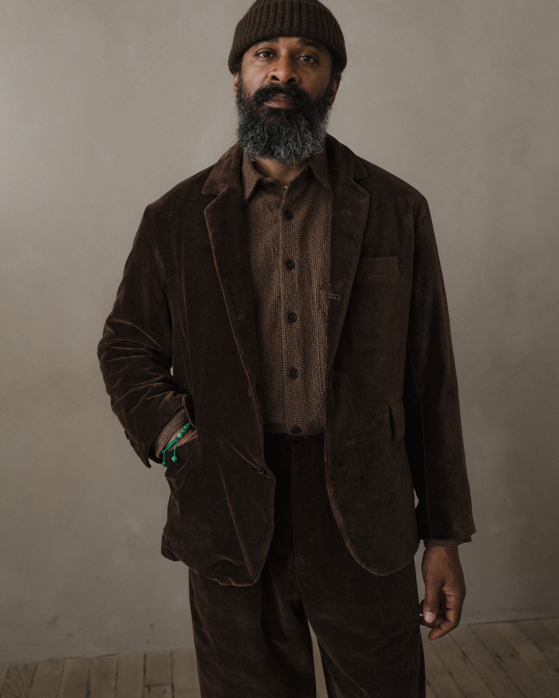 Three Button Jacket - Logwood Velvet, Brown – evan kinori