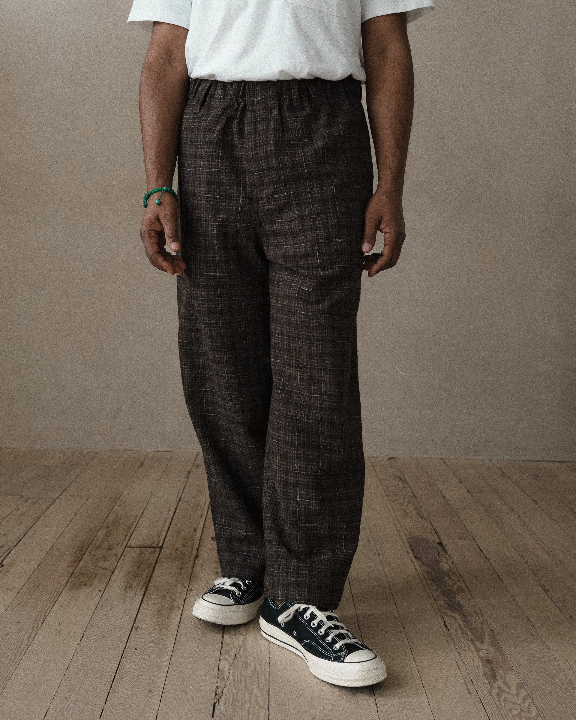 パンツ tuitaci KASURI RAINBOW 2TUCK TROUSER Elastic Pant - Kasuri Wool Check, Brown/Beige/Navy – evan kinori