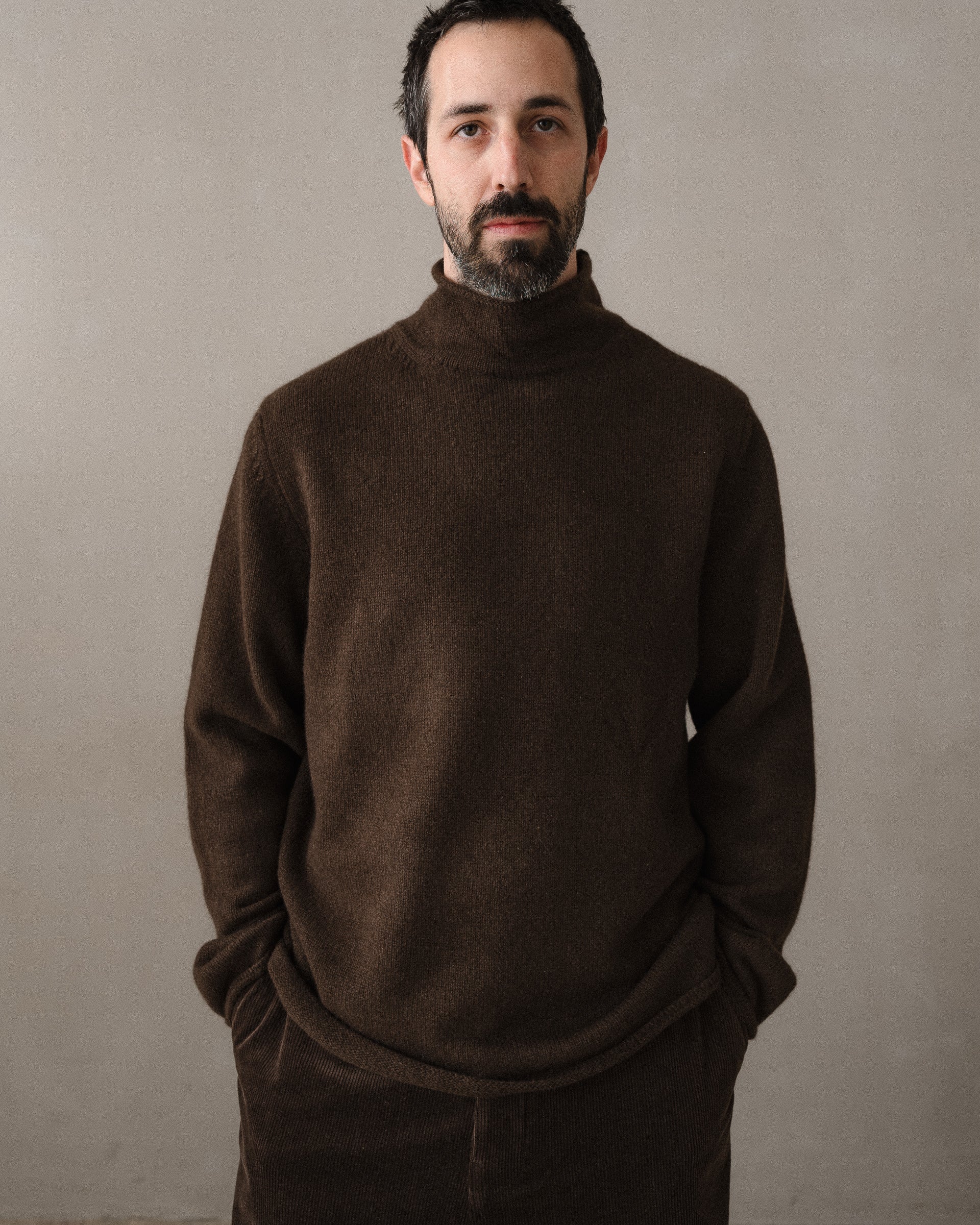 Rollneck Sweater - Undyed Yak Wool, Dark Brown – evan kinori