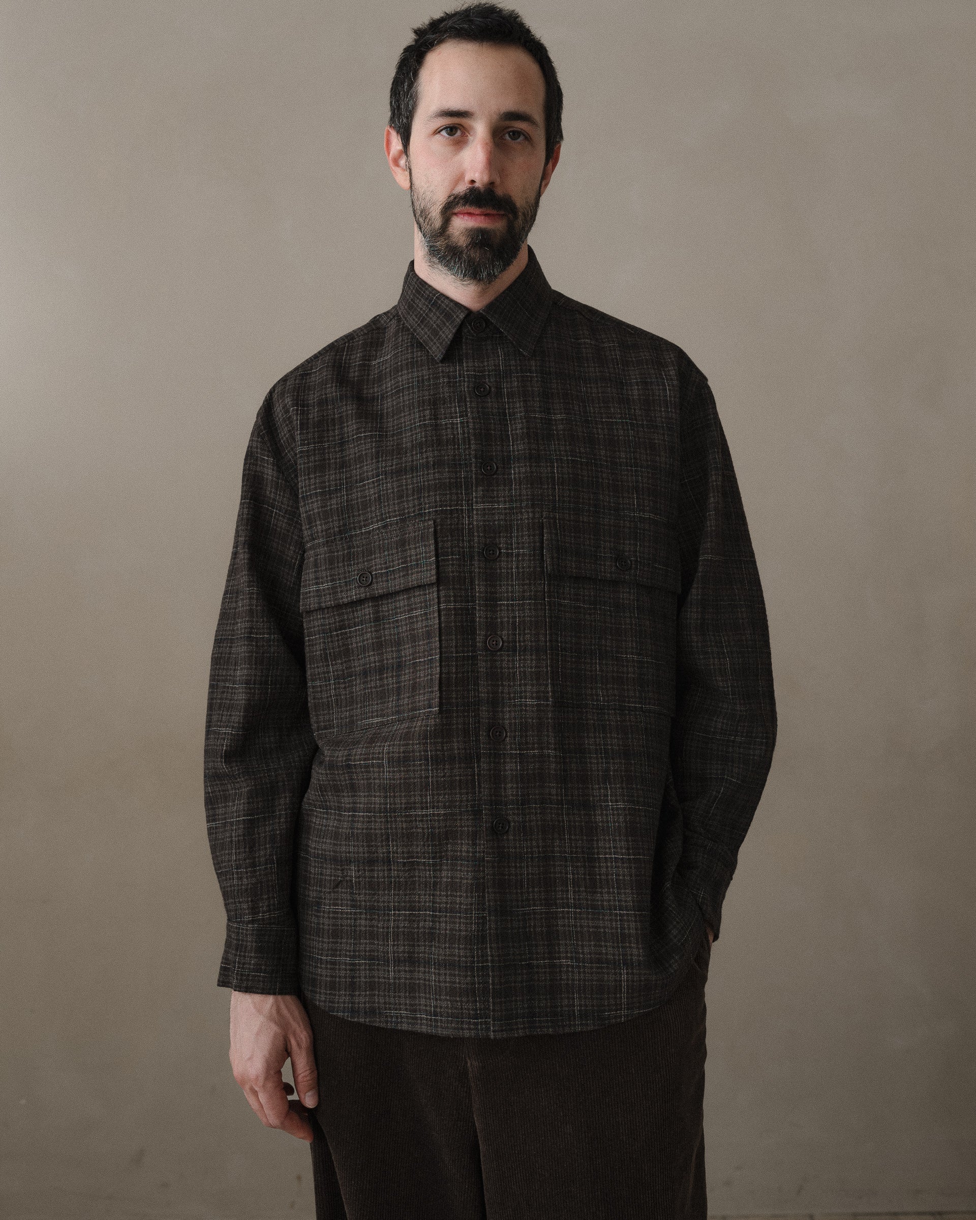 Big Shirt - Kasuri Wool Check, Brown/Beige/Navy – evan kinori