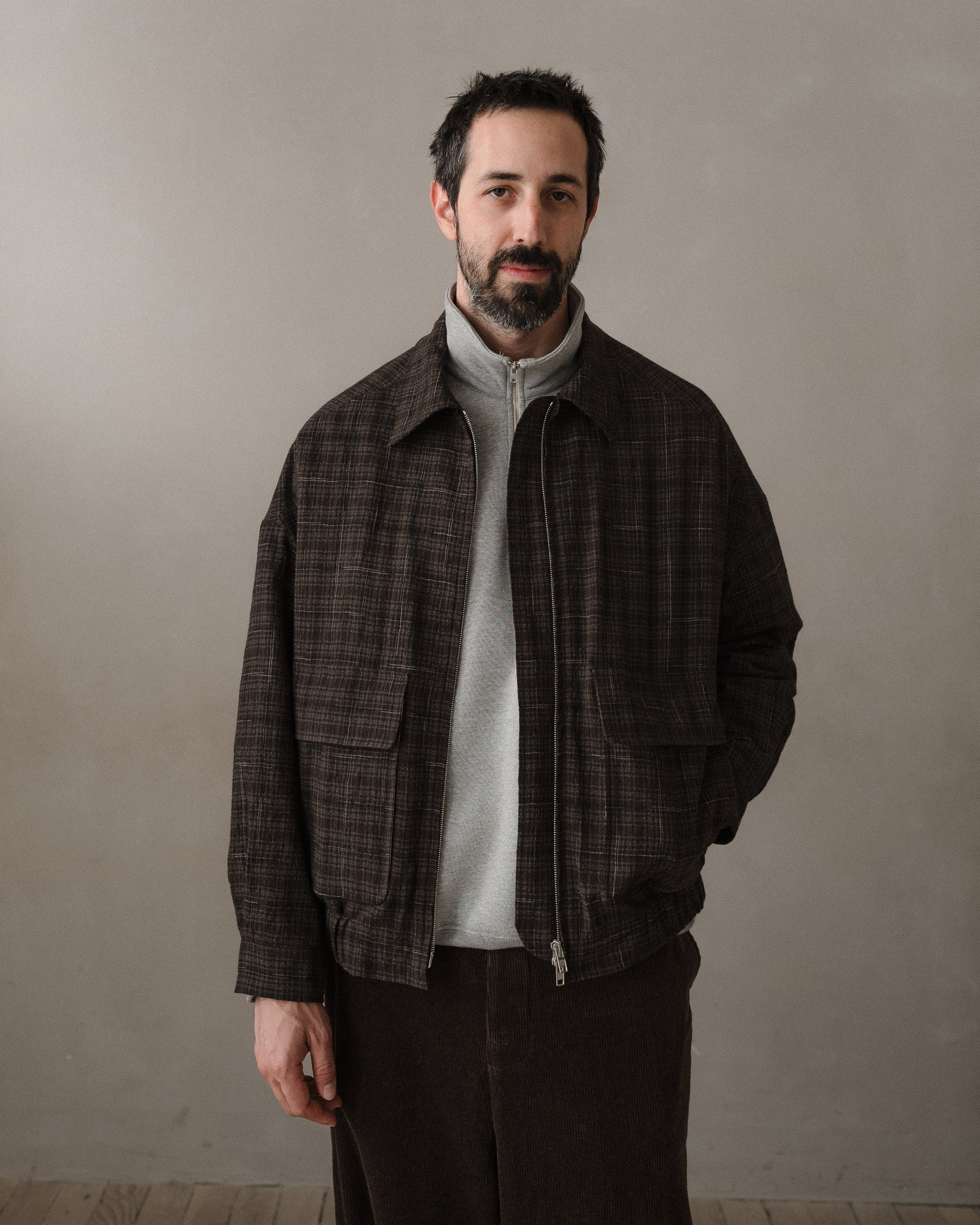 Zip Jacket Two - Kasuri Wool Check, Brown/Beige/Navy – evan kinori