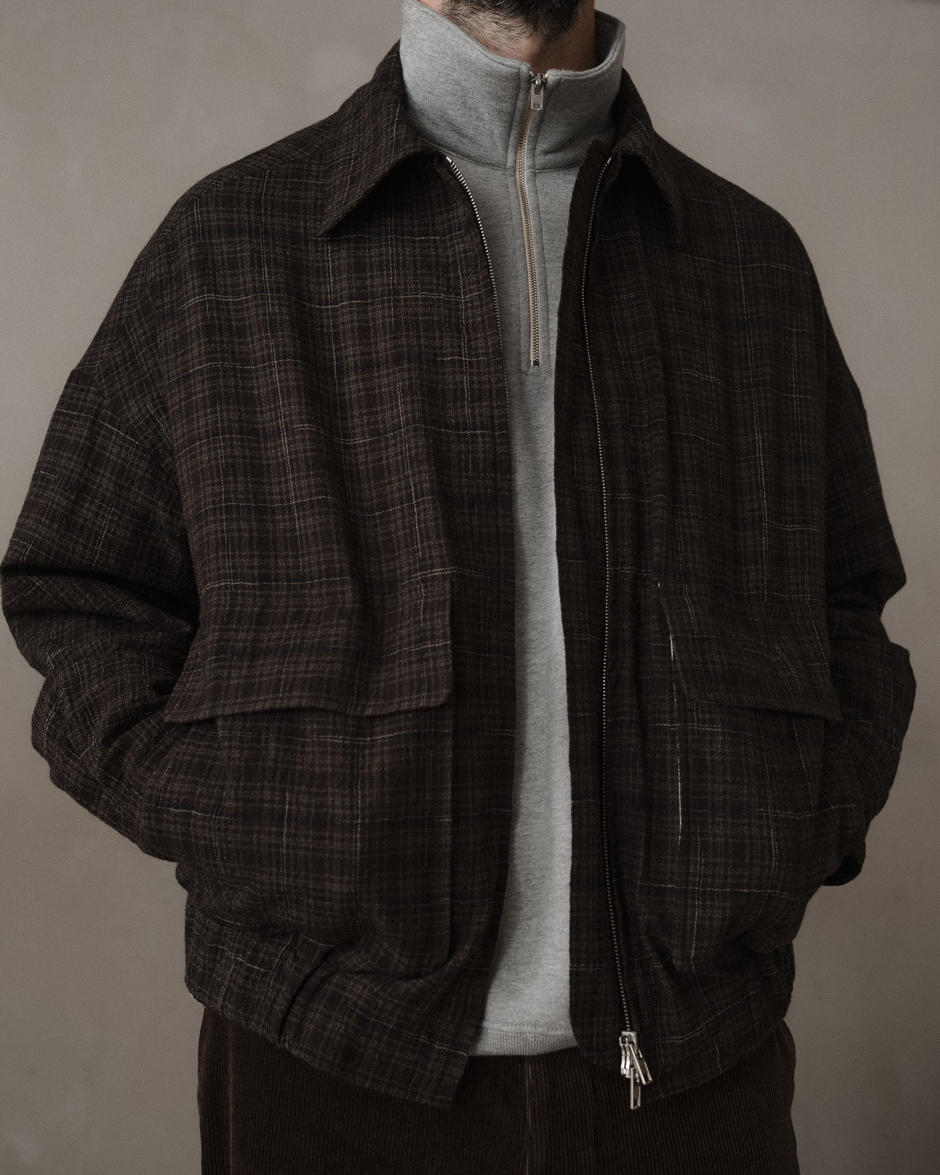 Zip Jacket Two - Kasuri Wool Check, Brown/Beige/Navy – evan kinori