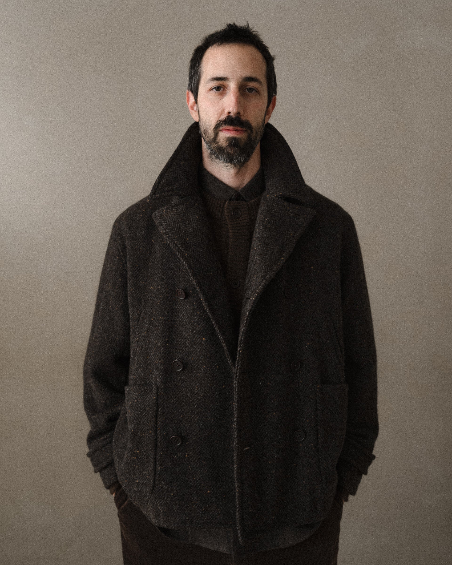 evan kinori ウールセットアップ　ブラウン Evan Kinori Pea Coat, Brown Herringbone – Glasswing