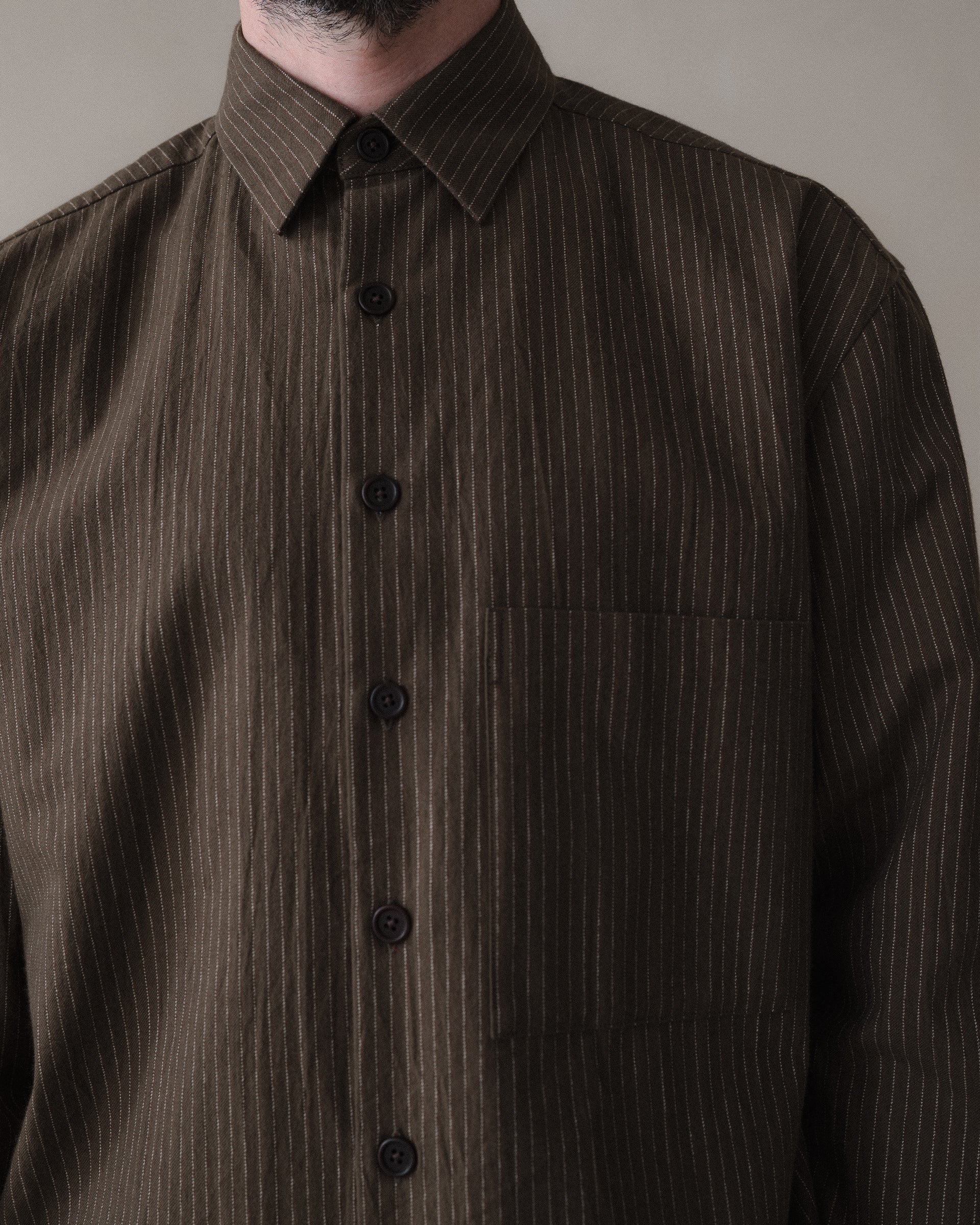 Big Shirt Two - Yarn Dyed Cotton Stripe, Olive/Natural – evan kinori