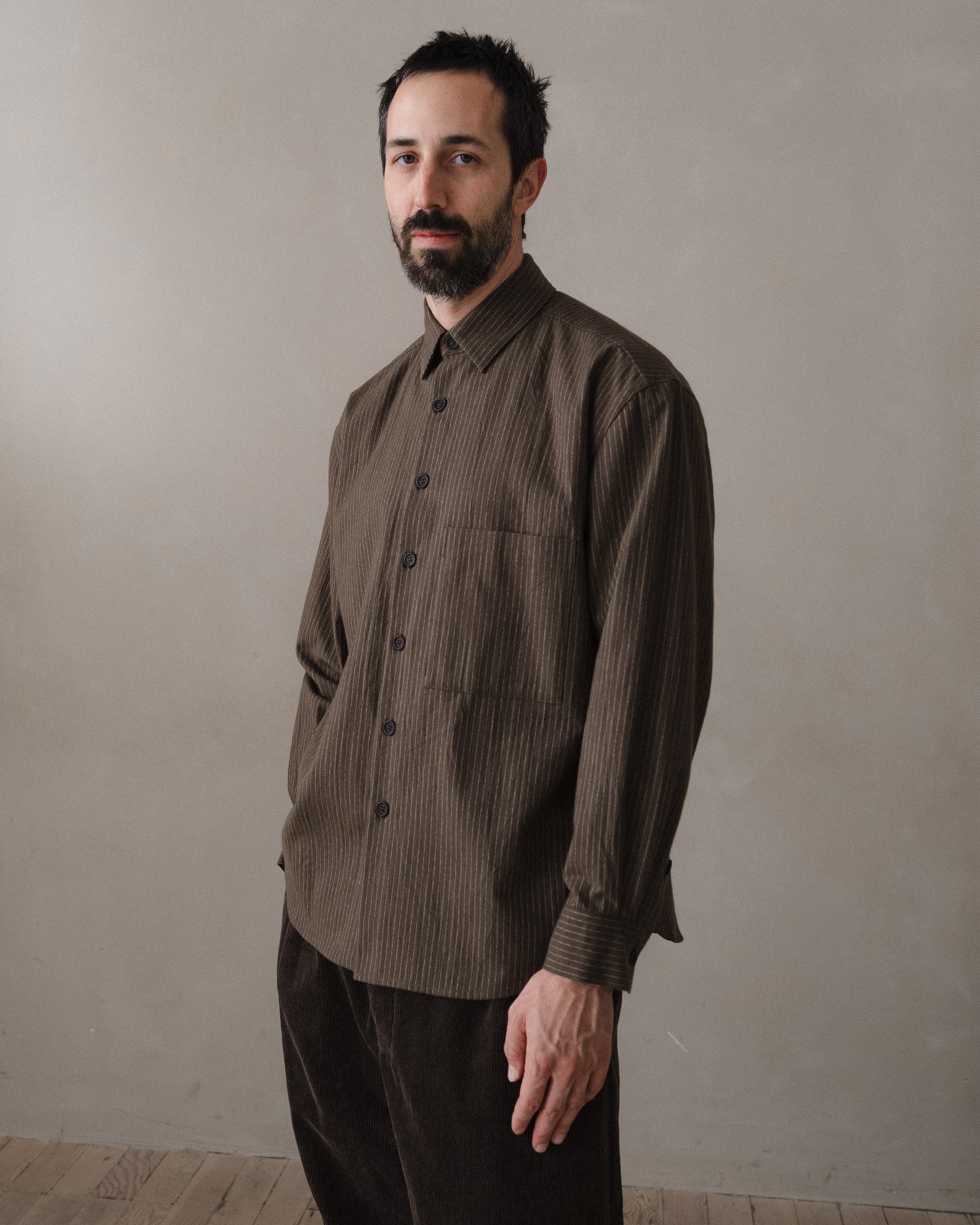 Big Shirt Two - Yarn Dyed Cotton Stripe, Olive/Natural – evan kinori