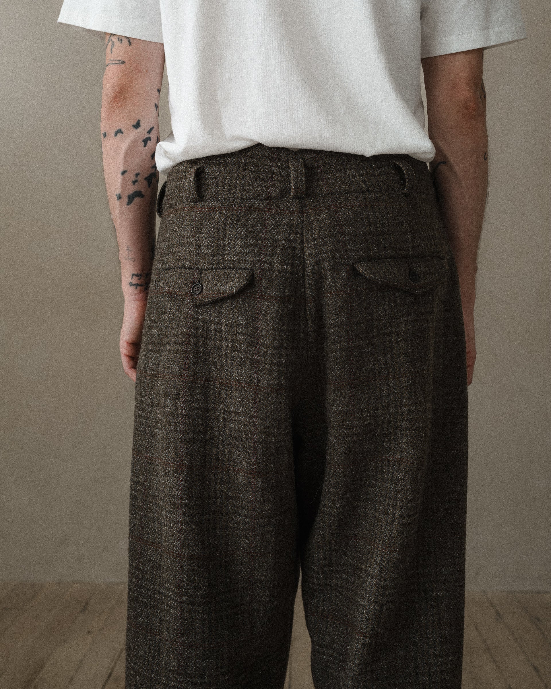 Two Pleat Pant - Wool Herringbone Check, Dark Olive/Charcoal