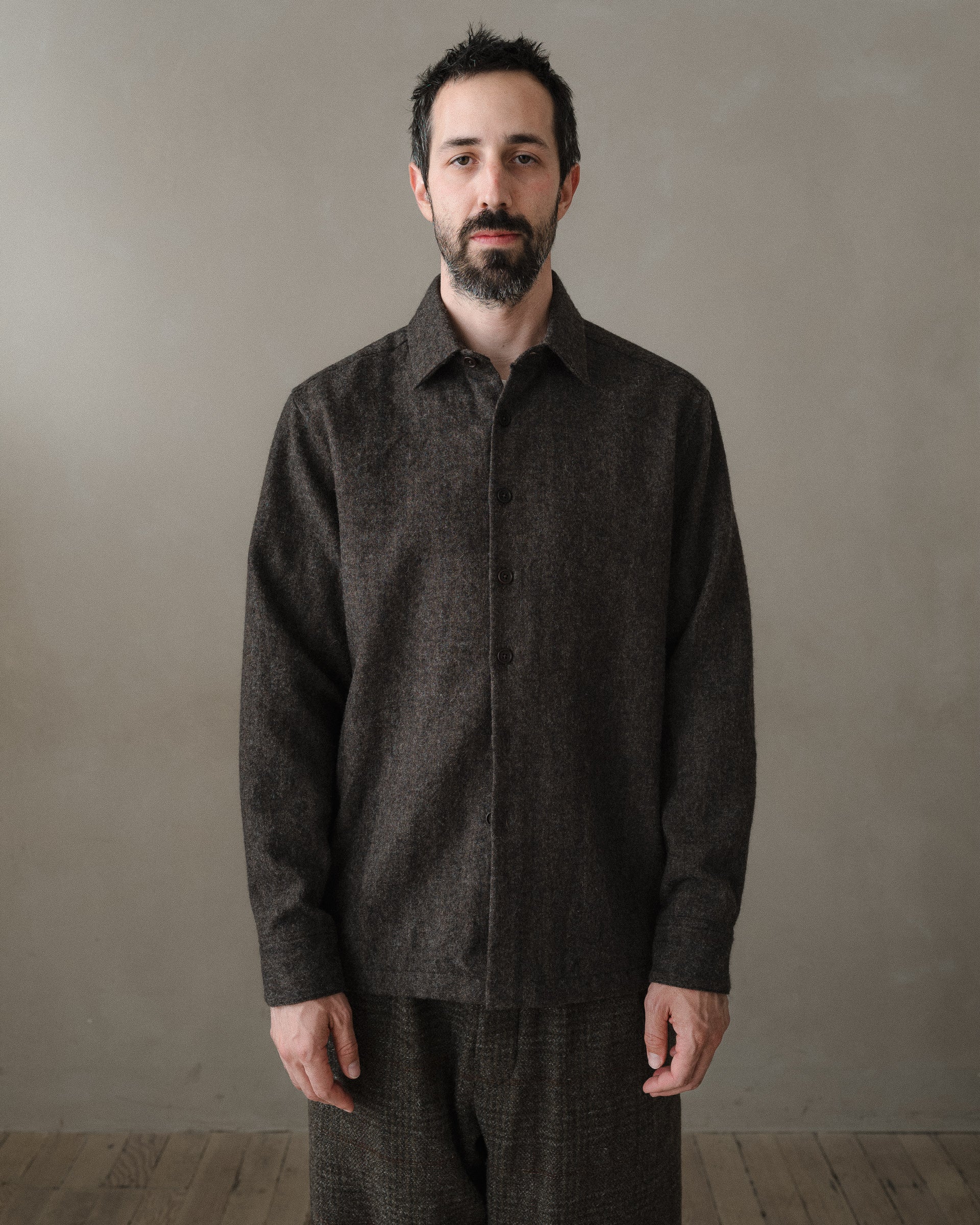evan kinori ウールセットアップ　ブラウン Evan Kinori - Zip Jacket Two Undyed Wool Tweed Dark Beige