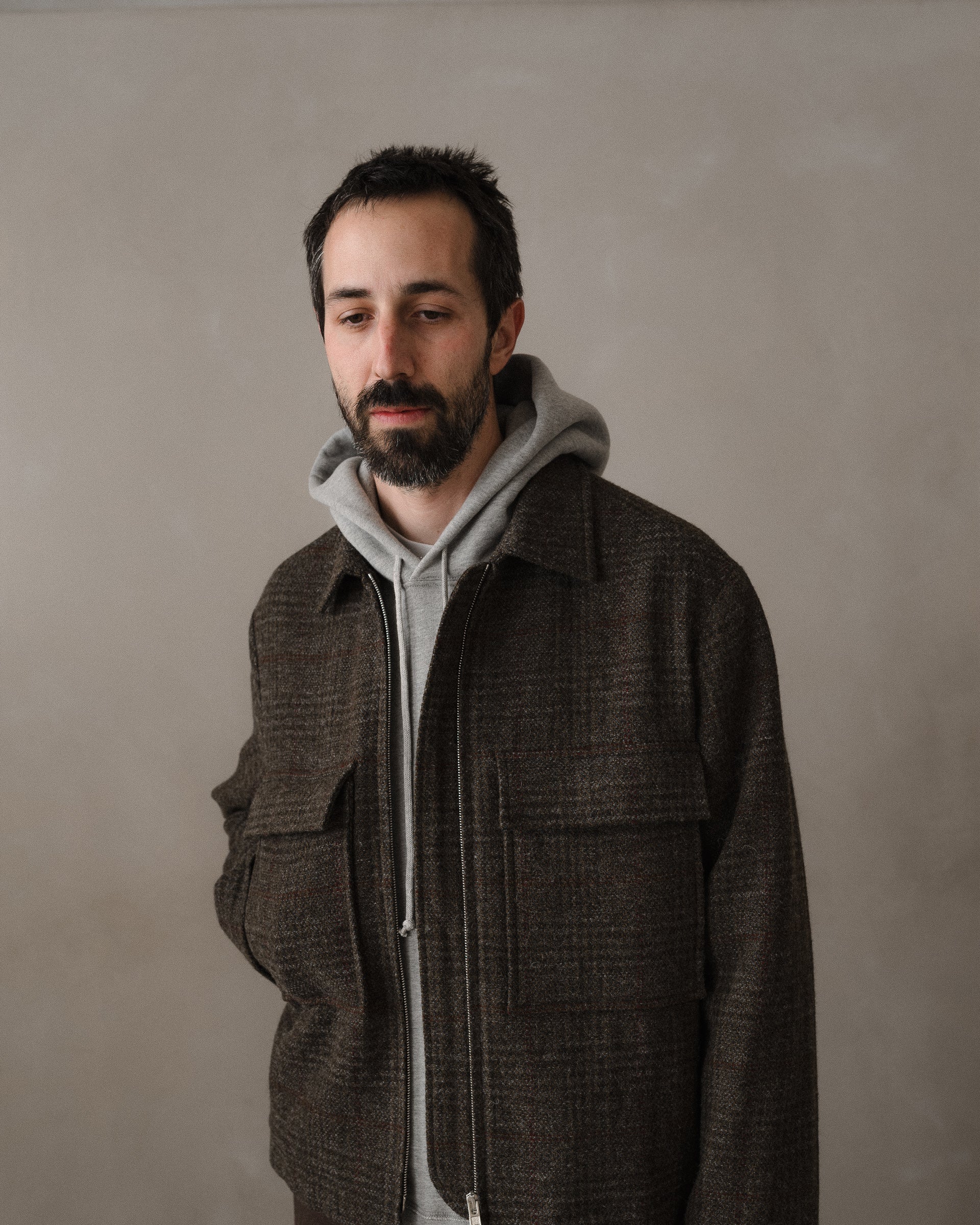 Zip Jacket - Wool Herringbone Check, Dark Olive/Charcoal – evan kinori