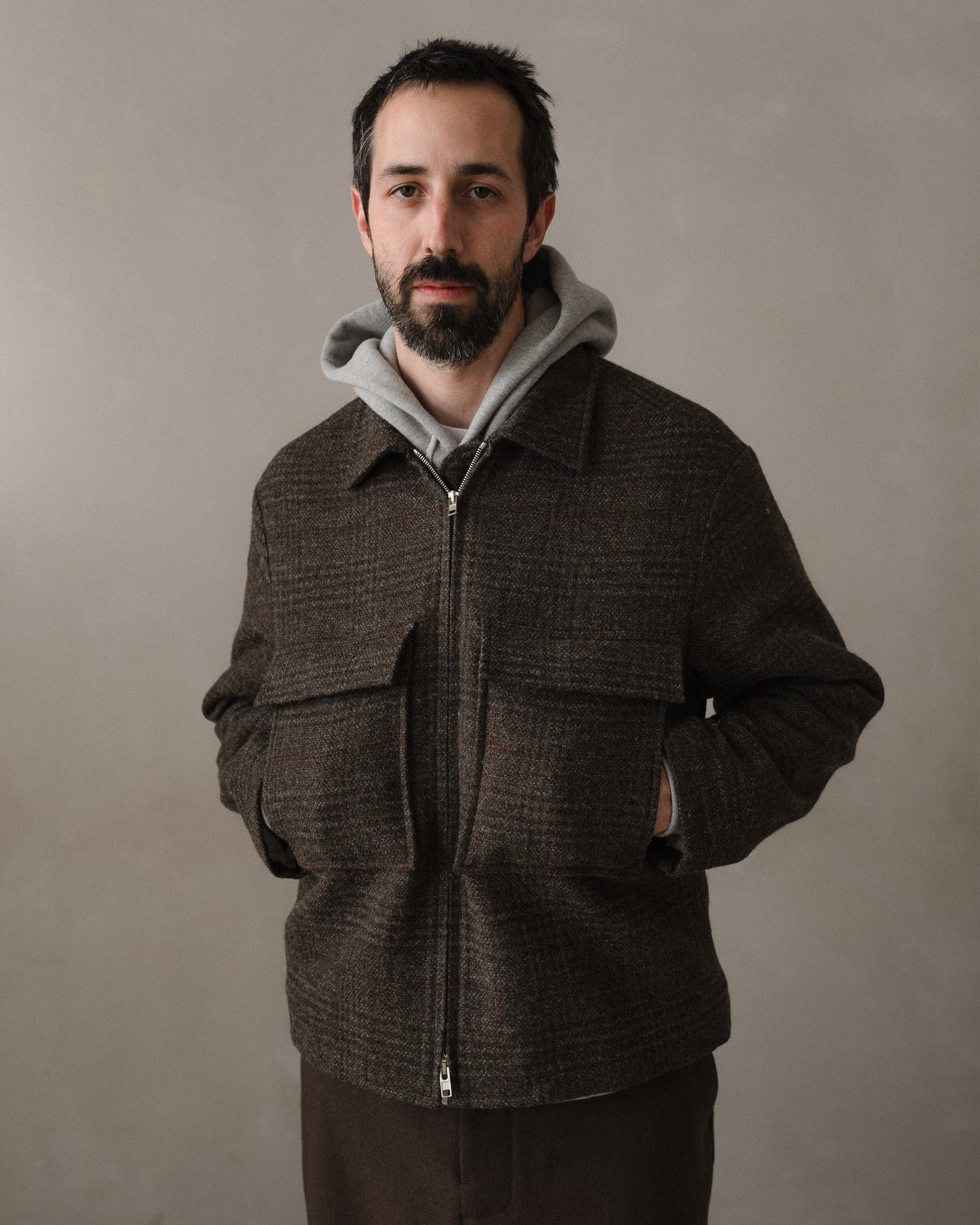 Zip Jacket - Wool Herringbone Check, Dark Olive/Charcoal
