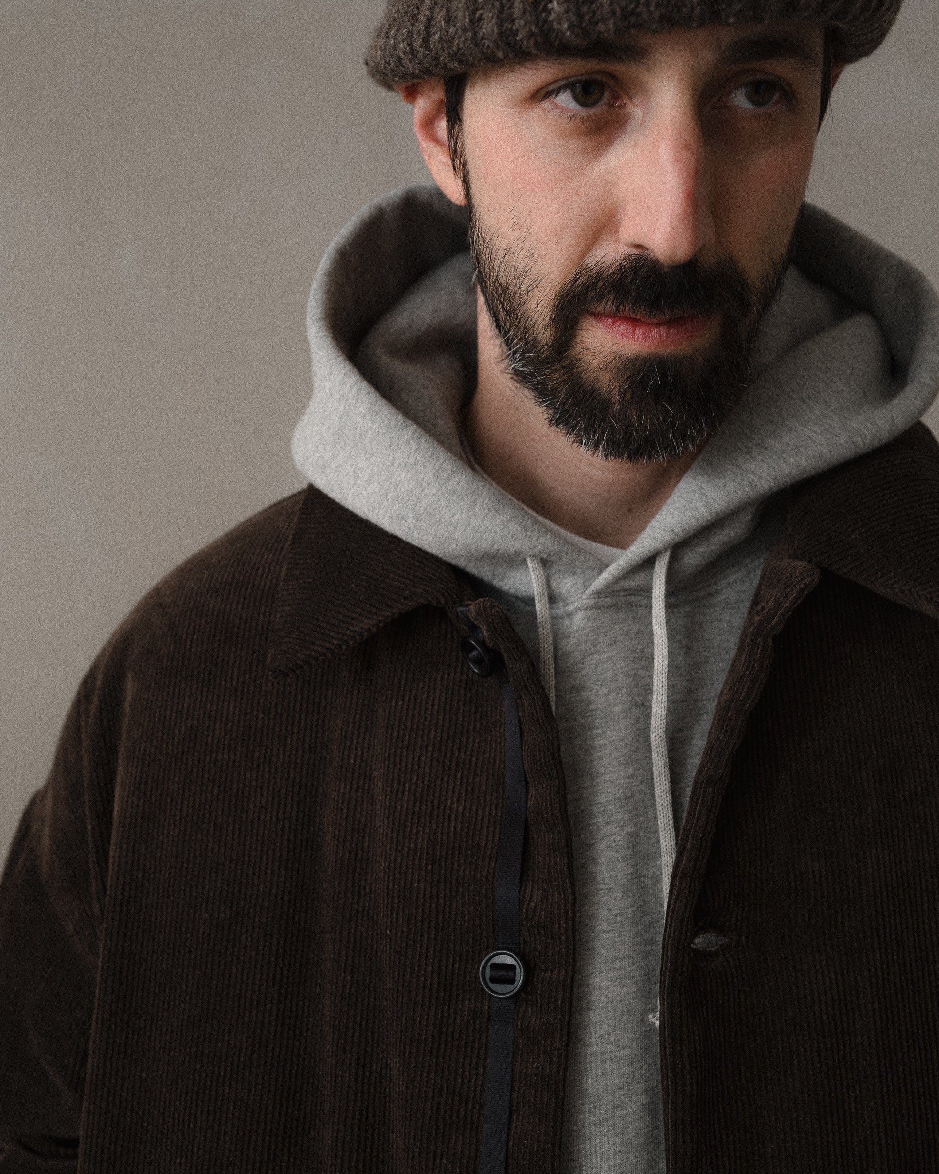 MAN-TLE Down Jacket - Sumi Ink Corduroy, Brown – evan kinori