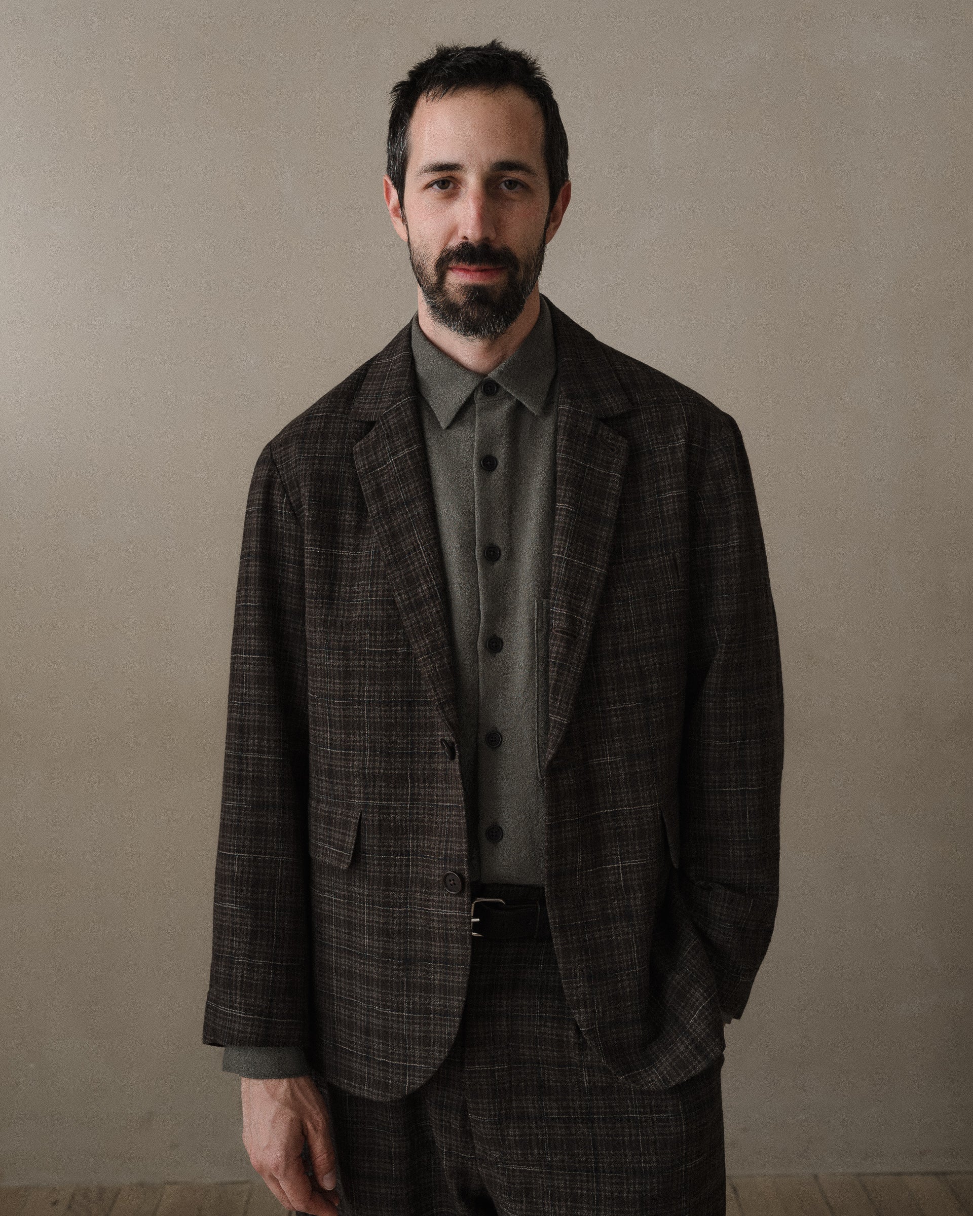 Three Button Jacket - Kasuri Wool Check, Brown/Beige/Navy – evan