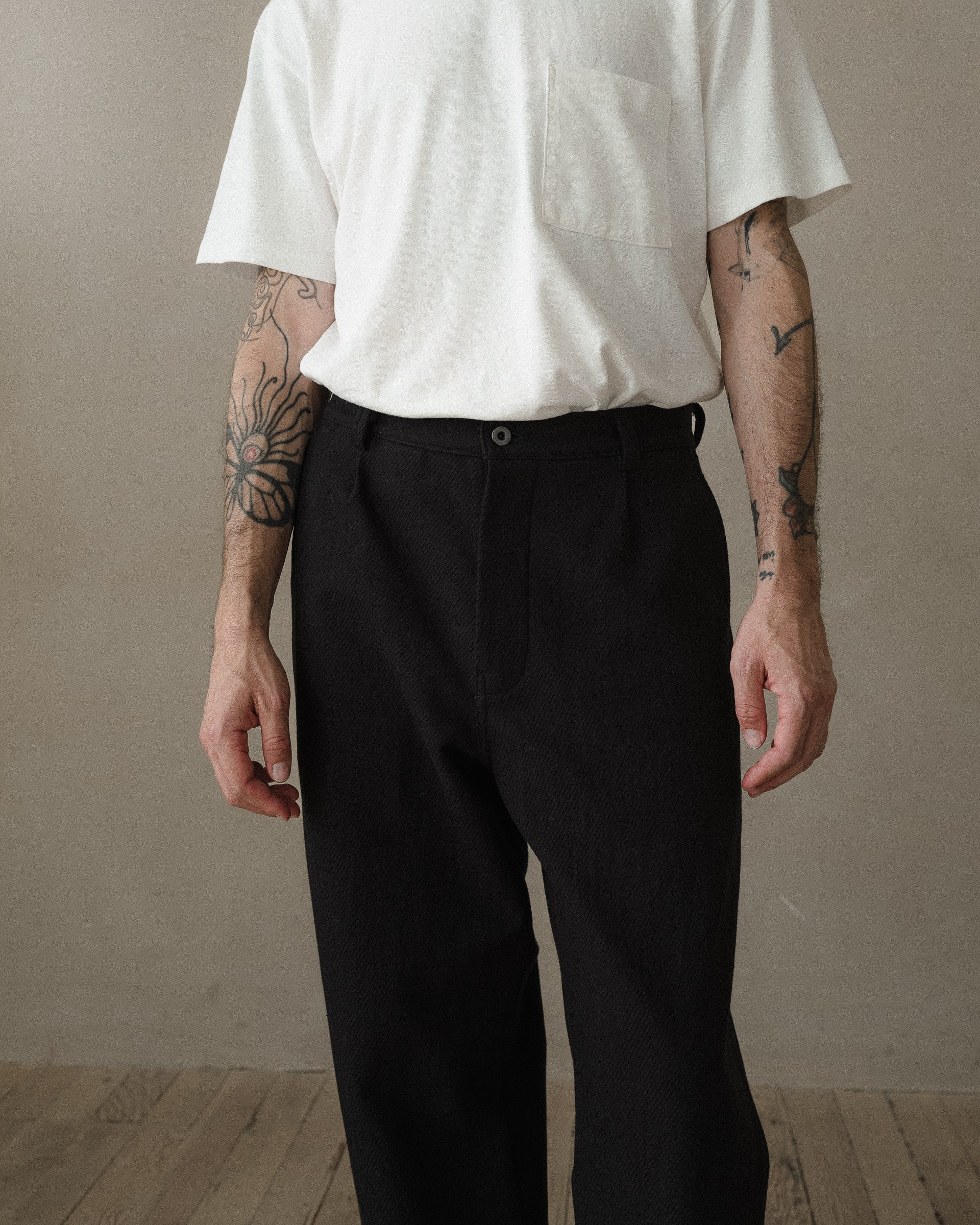 evan kinori 黒 pant 32 single pleat wool Single Pleat Pant - Cotton Kersey, Black – evan kinori