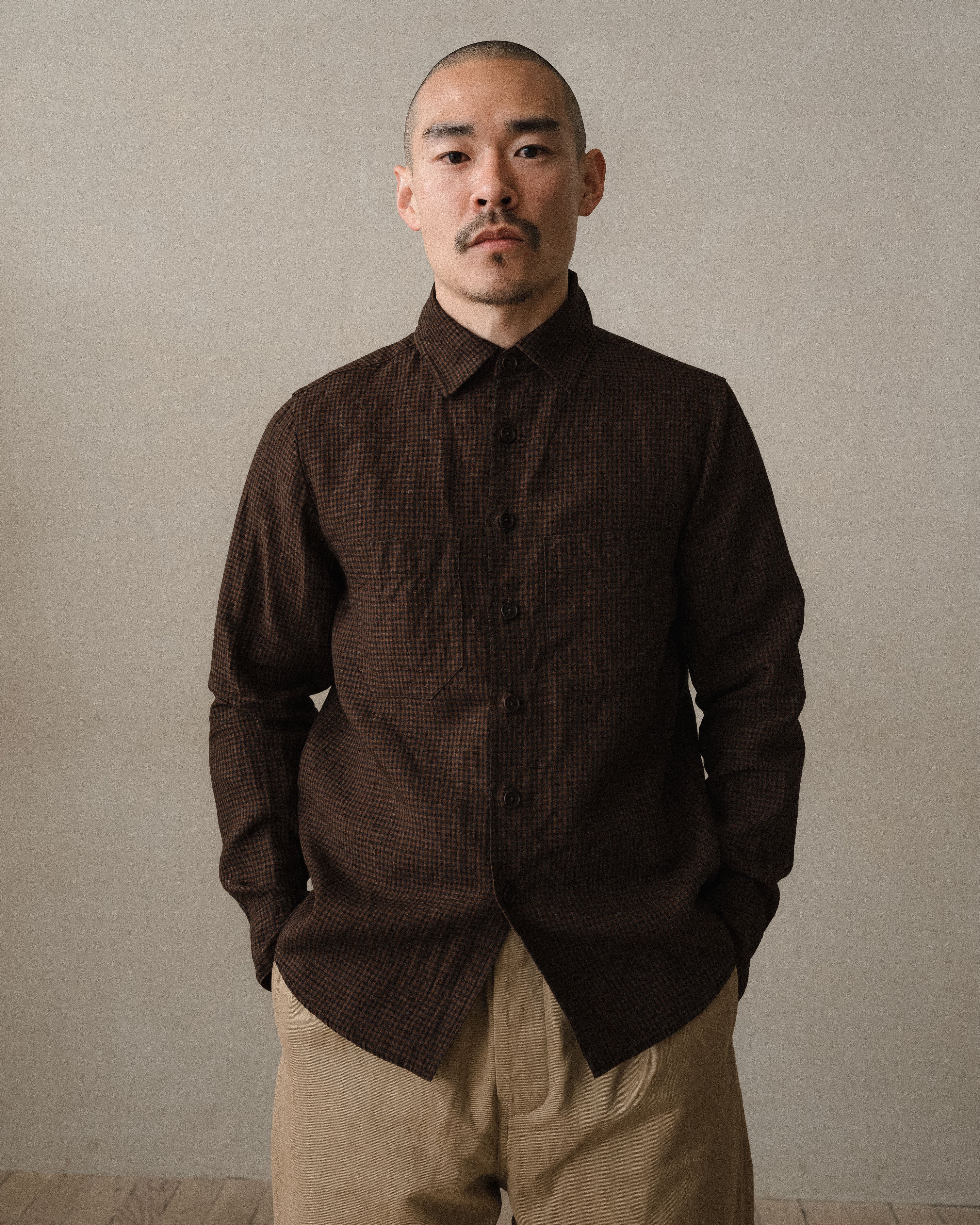 Two Pocket Shirt - Logwood Linen Check, Brown/Black (Logwood