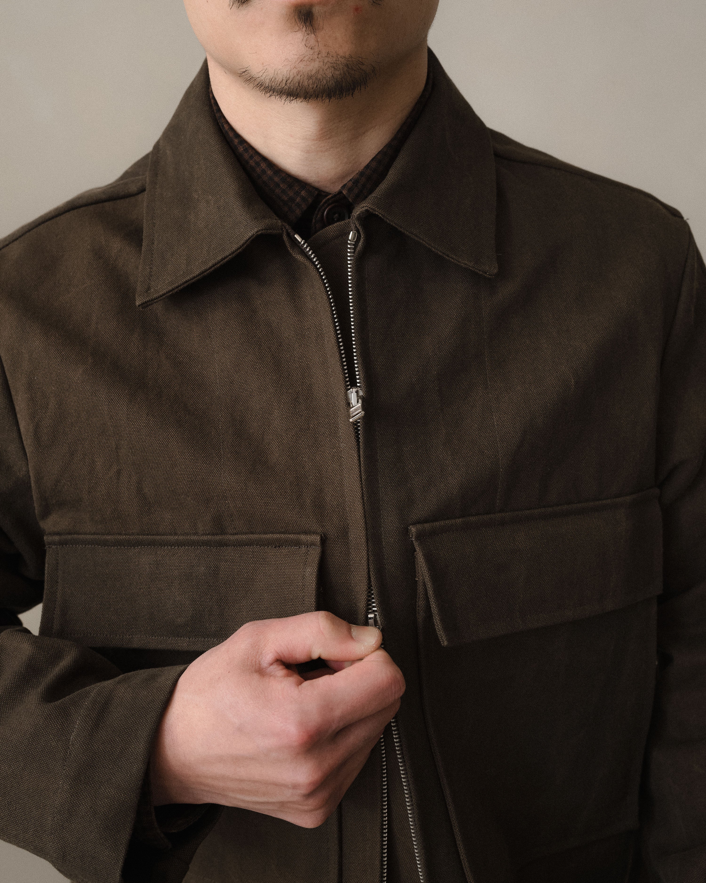 Zip Jacket - Sumi Ink Cotton/Washi Canvas, Dark Olive – evan kinori