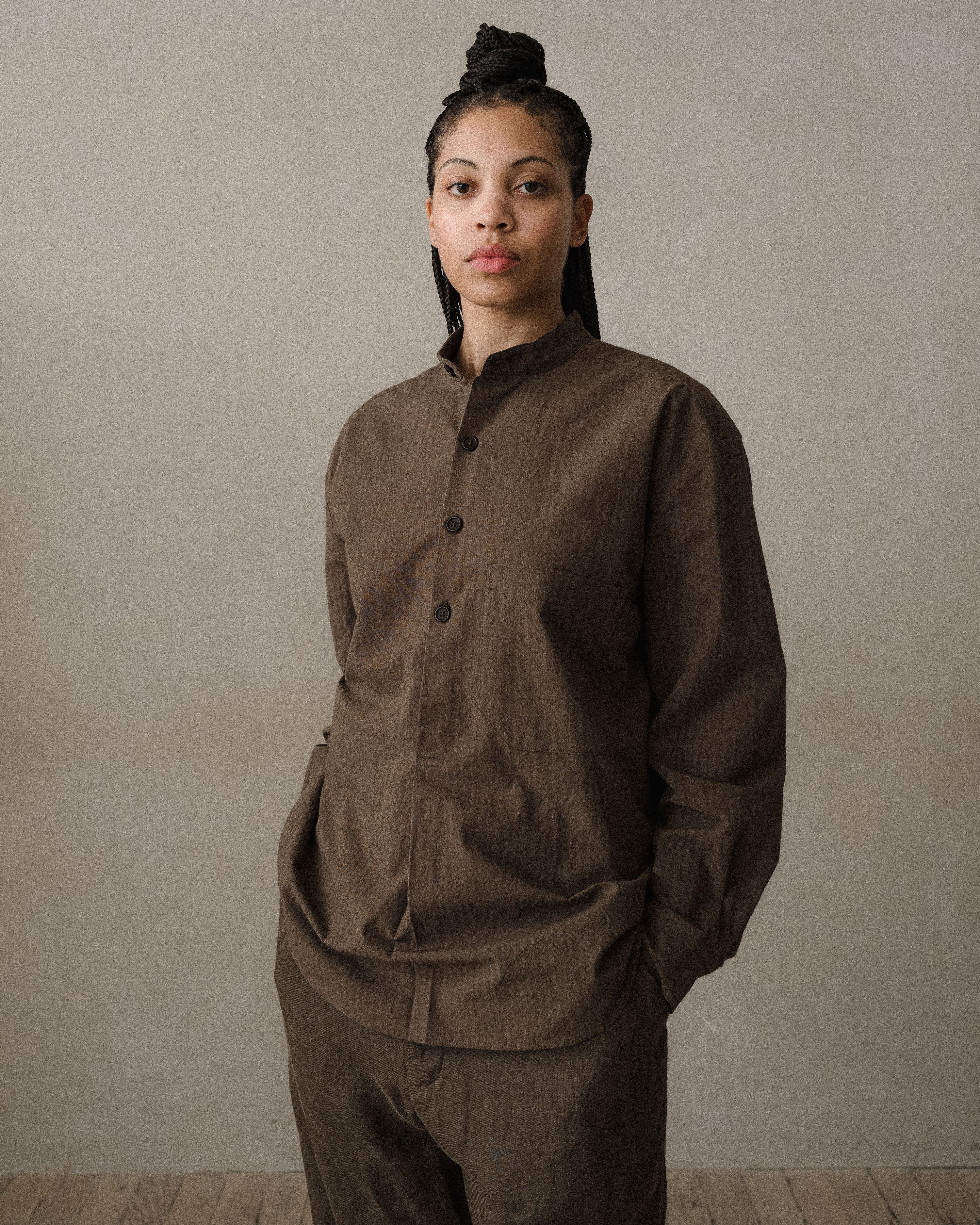 Popover Shirt - Yarn Dyed Hemp/Cotton Stripe, Charcoal/Dark Olive