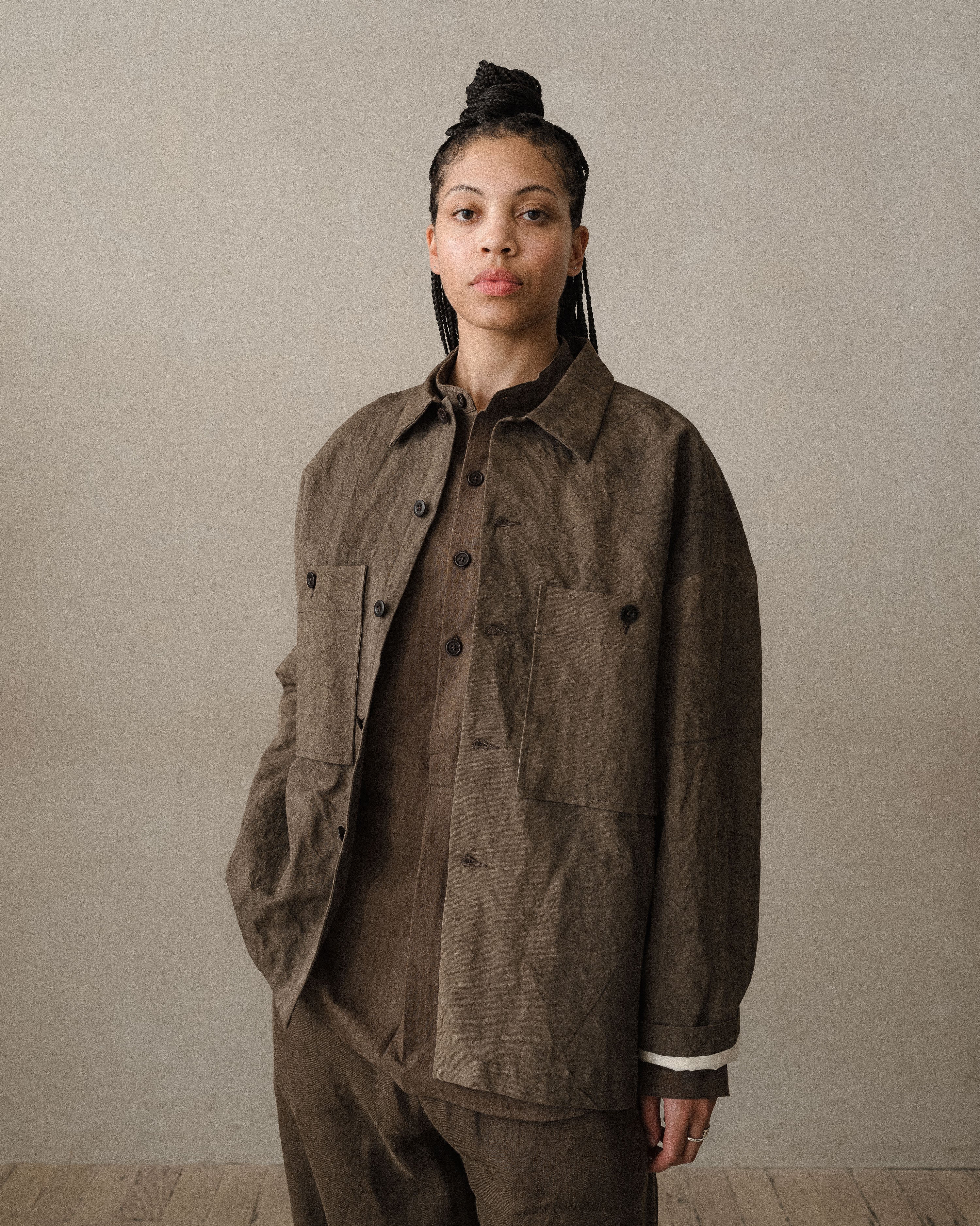 Field Shirt Two - Natural Dye Cotton/Washi Twill, Brown (Persimmon
