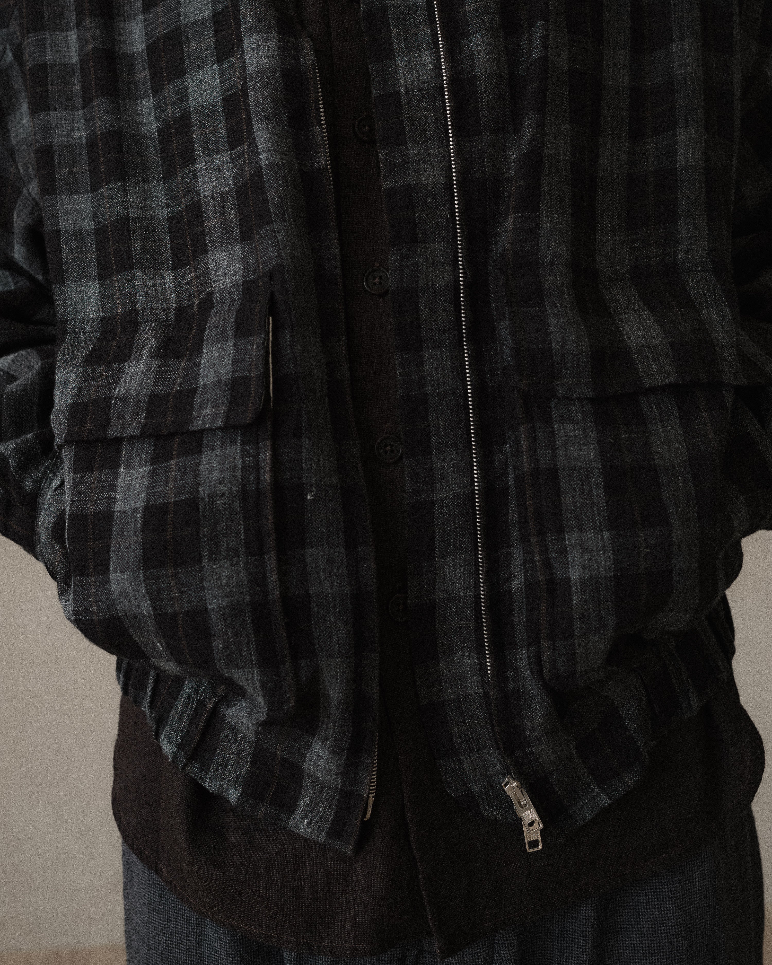 Zip Jacket Two - Yarn Dyed Linen Check, Charcoal/Brown/Black