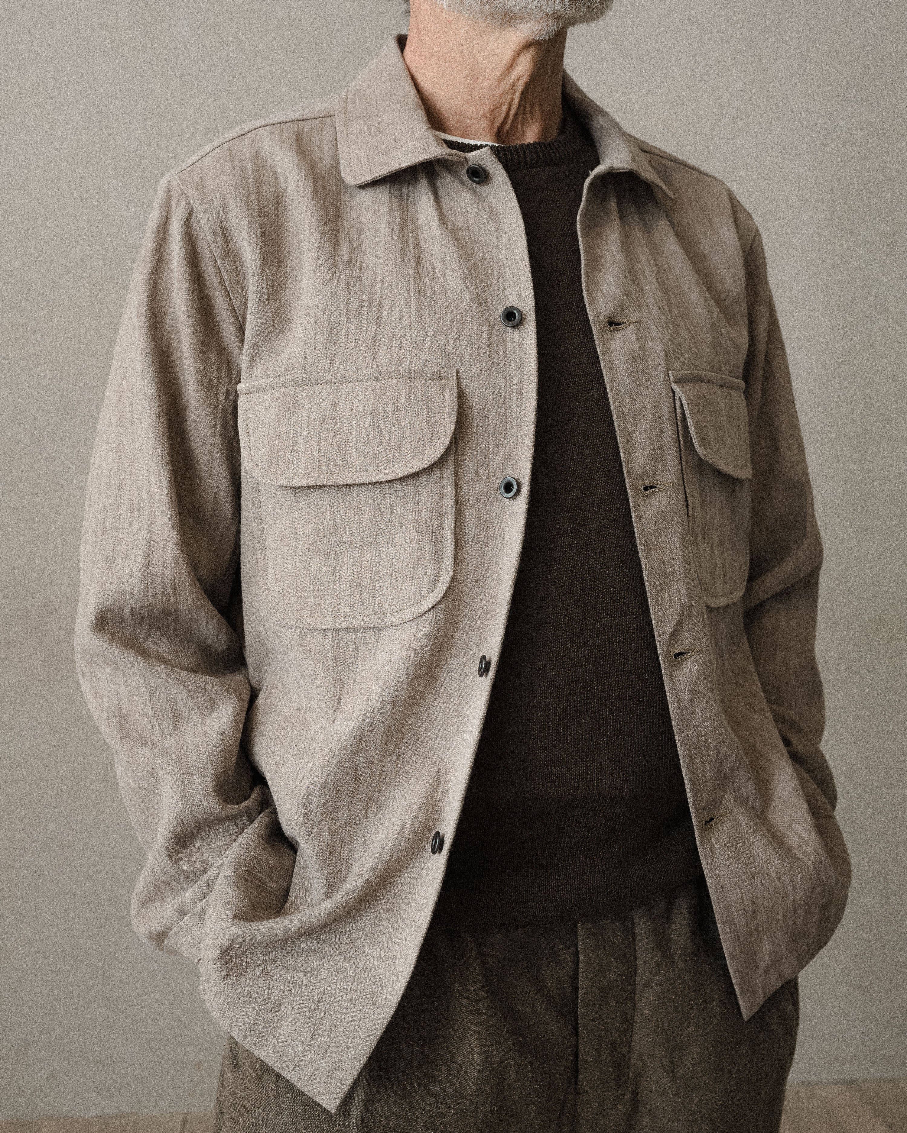 Field Shirt - Cold Dyed Linen/Cotton Herringbone, Dark Beige (Cold