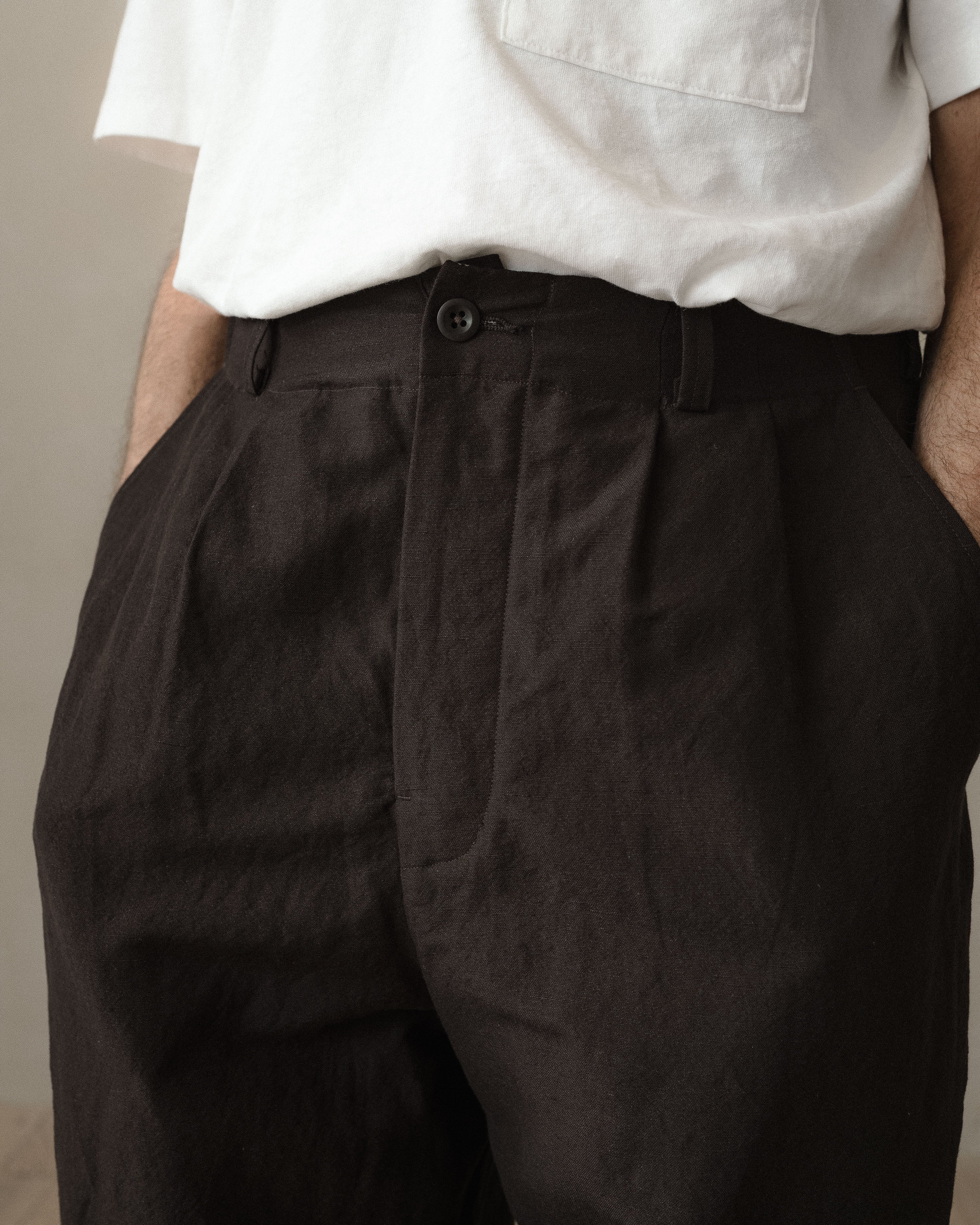 Two Pleat Pant - Worsted Wool/Linen Canvas, Dark Brown – evan kinori