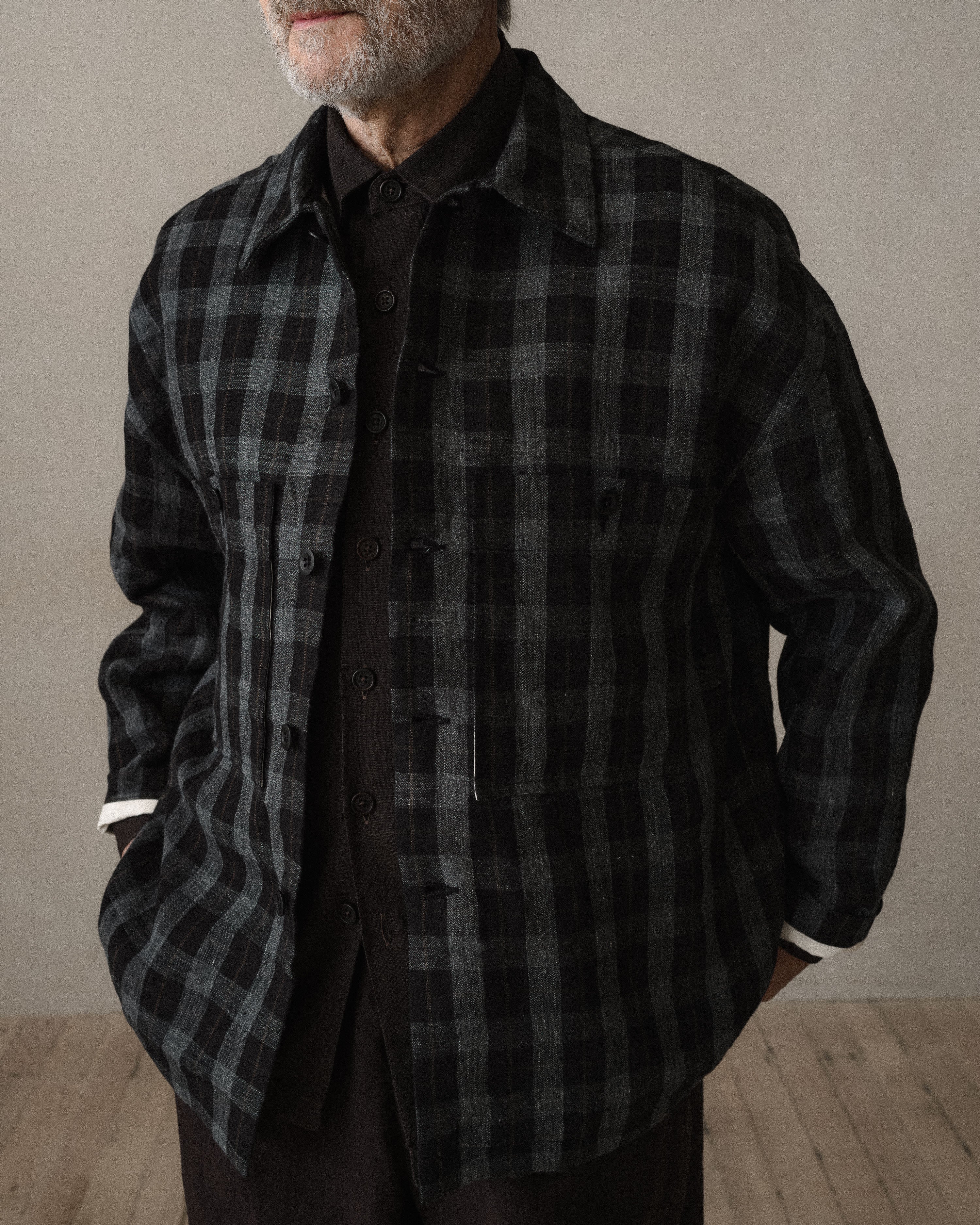 Field Shirt Two - Yarn Dyed Linen Check, Charcoal/Brown/Black