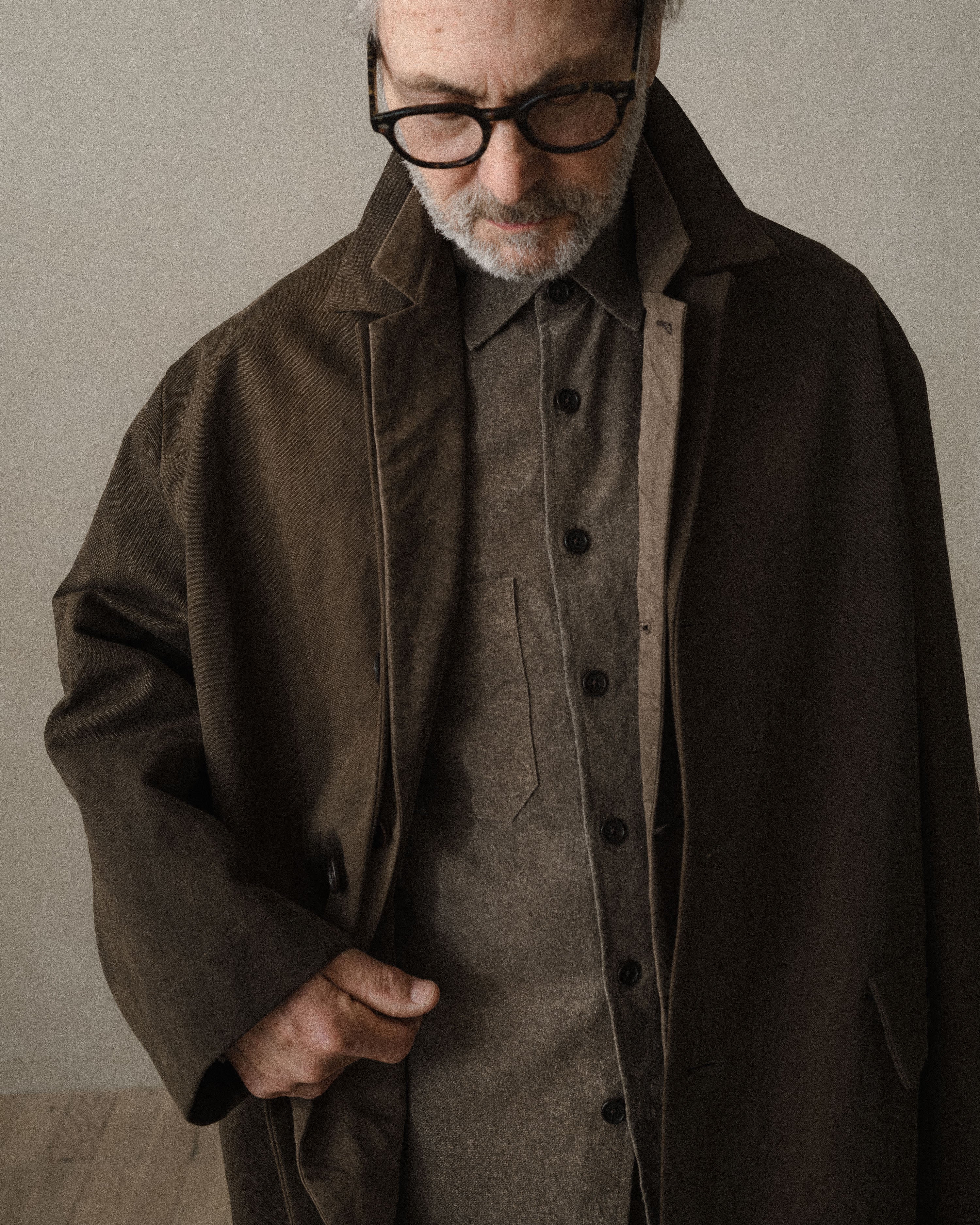 Big Coat - Sumi Ink Cotton/Washi Canvas, Dark Olive – evan kinori