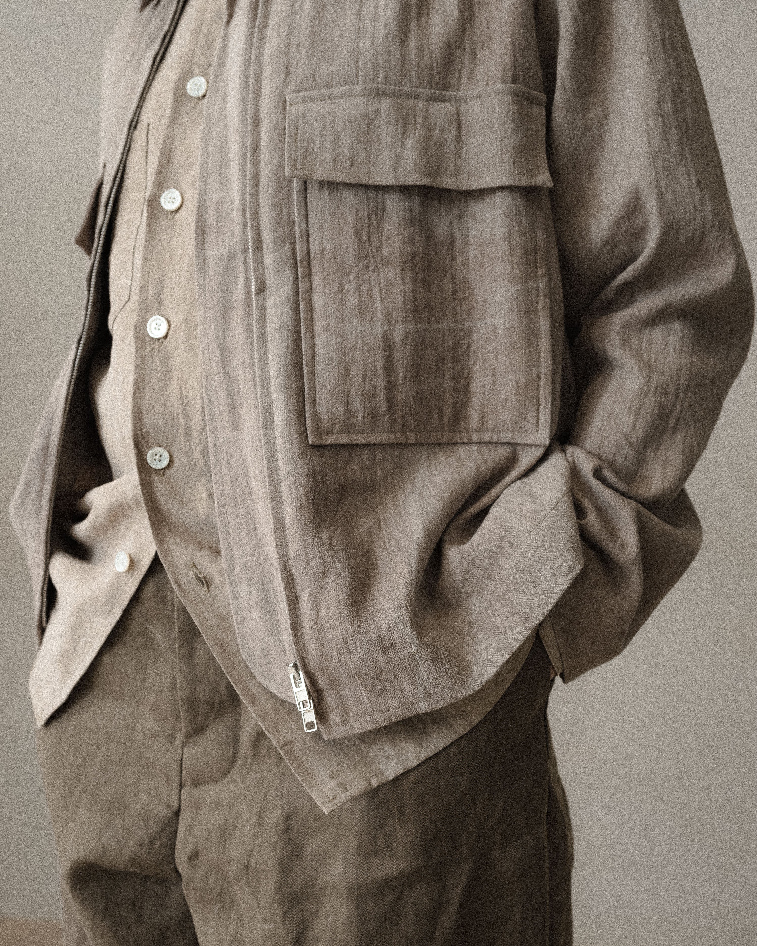 Zip Jacket - Cold Dyed Linen/Cotton Herringbone, Dark Beige (Cold