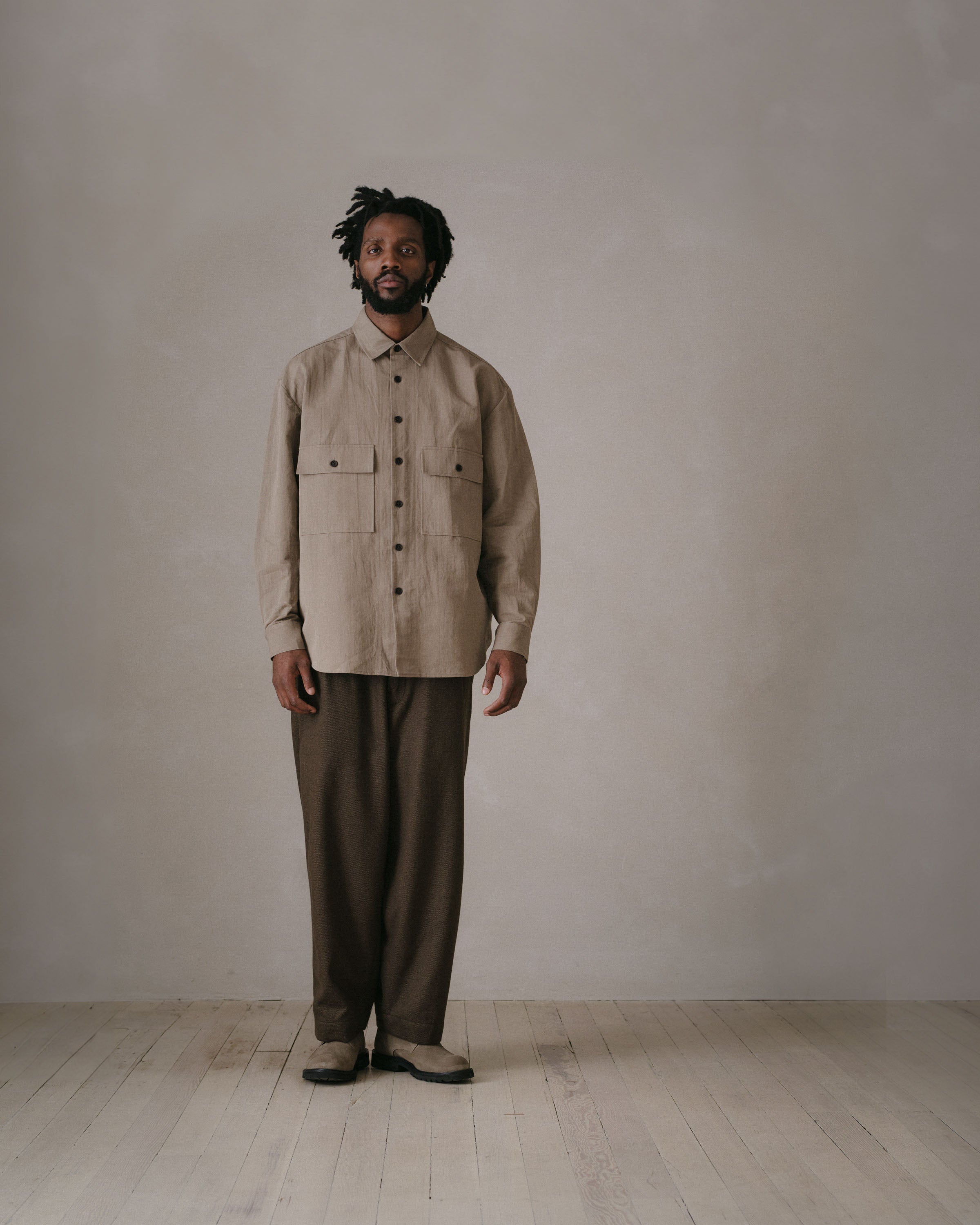 Big Shirt - Natural Dyed Cotton/Washi Twill, Dark Beige