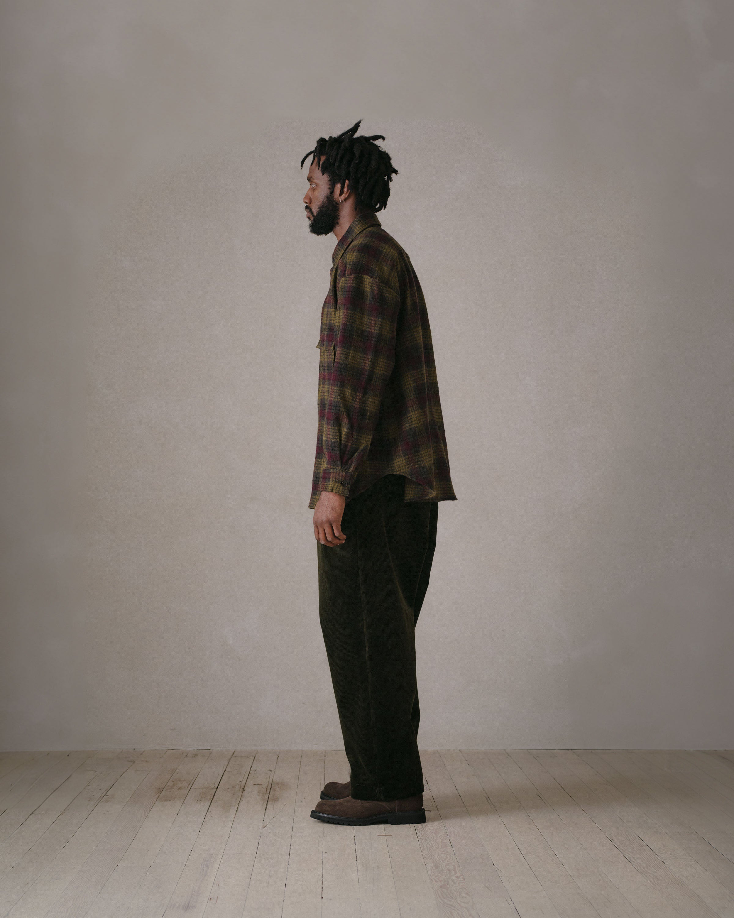 Big Shirt - Wool Gauze Check, Dark Olive Burgundy – evan kinori